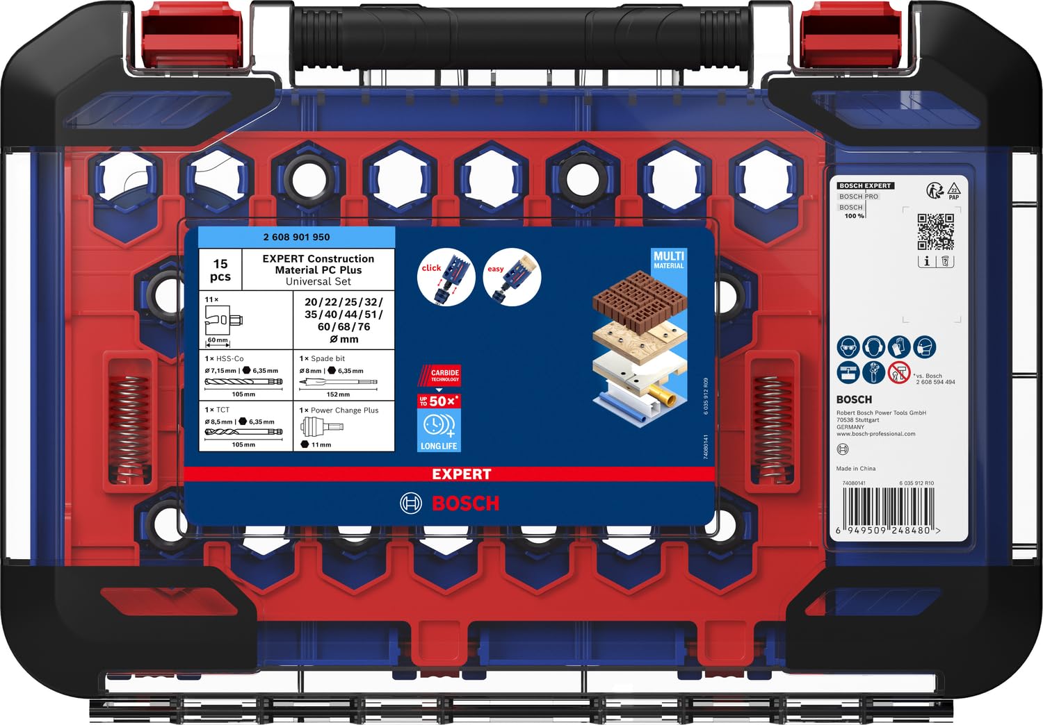 Bosch 15x Set di seghe a tazza universale EXPERT Construction Material PC Plus (per Legno tenero, Truciolato, Ø 20-76 mm, Professional Accessorio Trapanoi)
