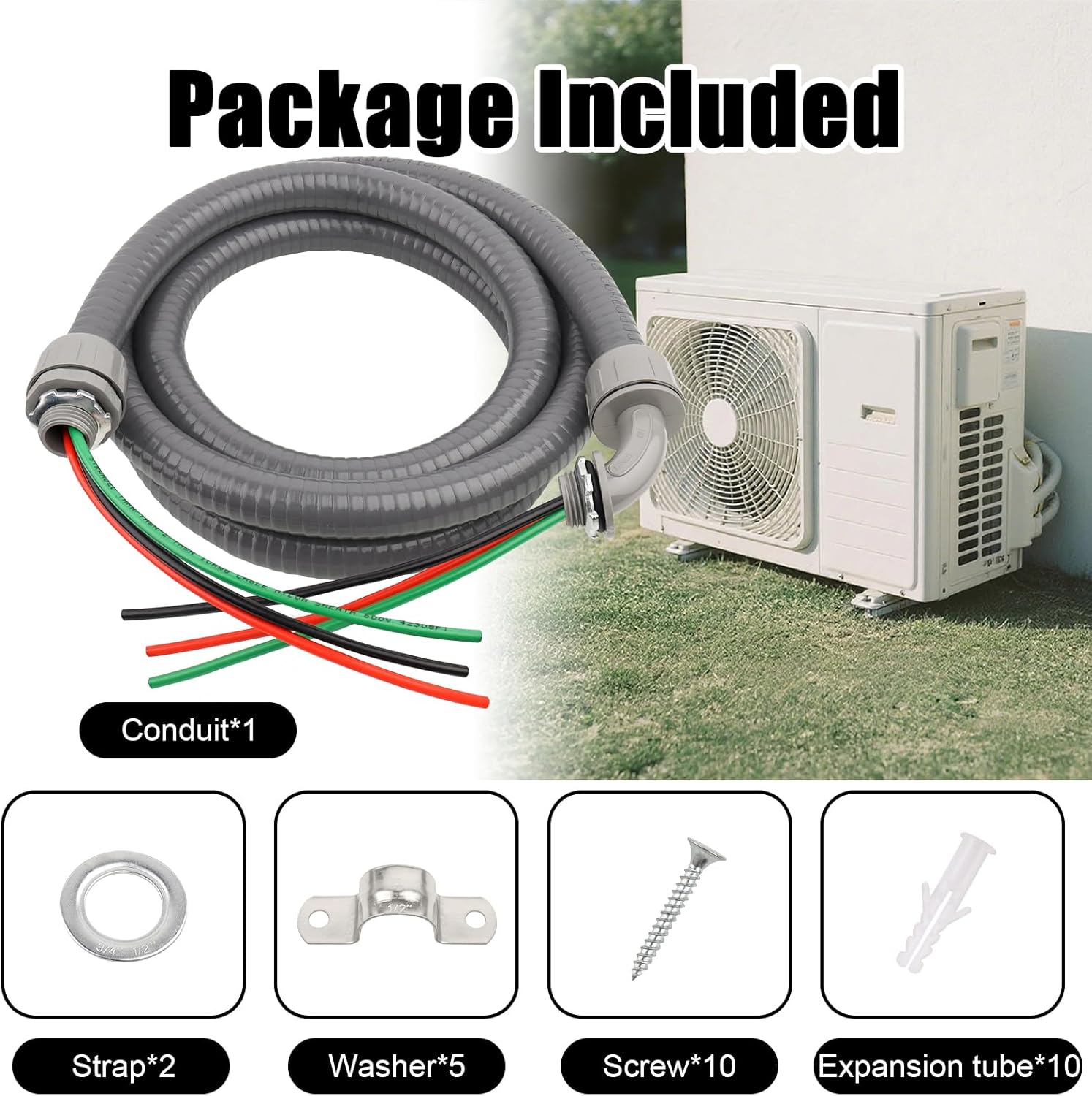 1/2 Inch AC Whip Assembly Kit 8 FT, Non-Metallic Liquid Tight Electrical Conduit with 10/3 Gauge THHN Wire for Heater, Air Conditioner, Timer, Mini Split System