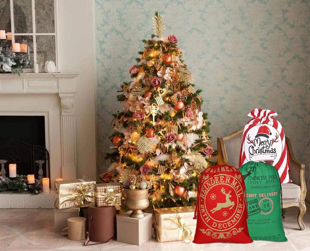 AOUTACC 5 Pack Large Christmas Drawstring Santa Sacks Xmas Gift Bag, Reusable Extra Large Drawstring Xmas Santa Sacks Gift Bags Santa Stocking Gift Sack,Santa Burlap Sack Christmas Gift Bags