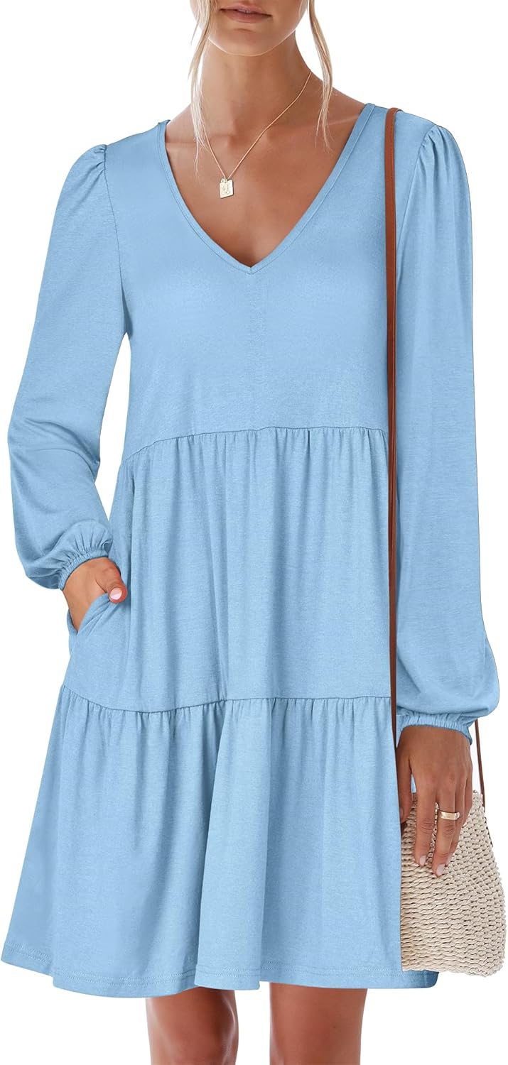 ANRABESS Womens Long Sleeve Dress 2025 Fall Casual V Neck Tiered Flowy Short Dresses Beach Travel Vacation Outfits
