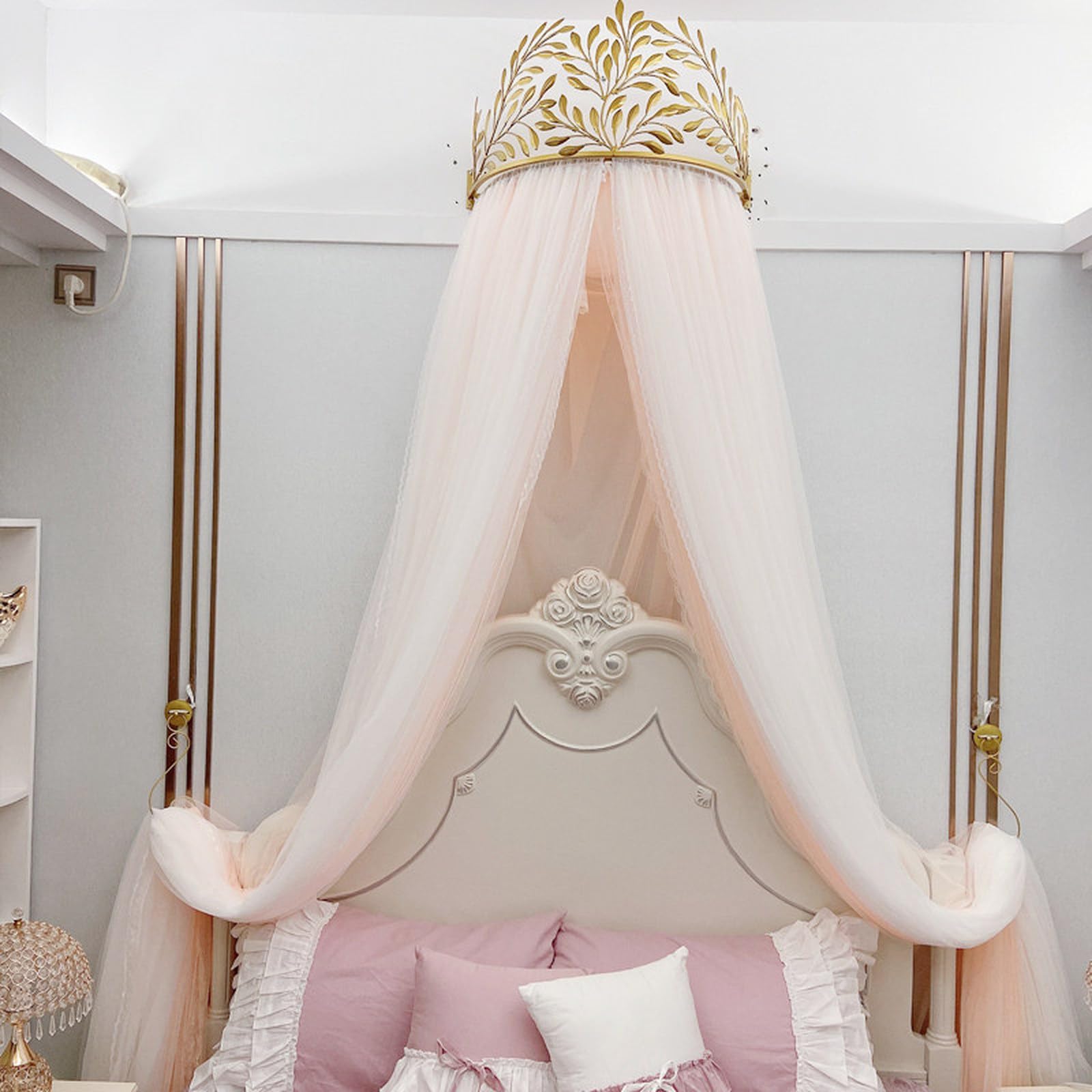 SDCGB Princess Bed Canopy for Girls & Adults, Elegant Double Layer Bed Curtain Princess Crown Mosquito Netting for Room Décor, Nude Pink