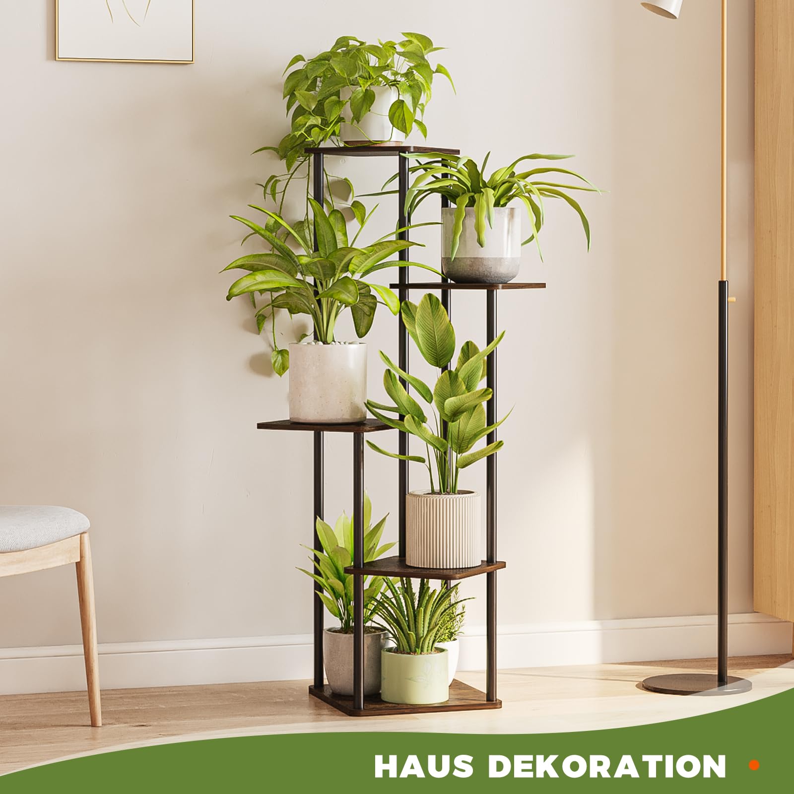 Bamworld Blumenständer Pflanzenständer Pflanzenregal aus Holz und Metall – Modernes Regal für Zimmerpflanzen, 5 Etagen, Stabil und platzsparend, Ideal für Wohnzimmer, Balkon und Büro