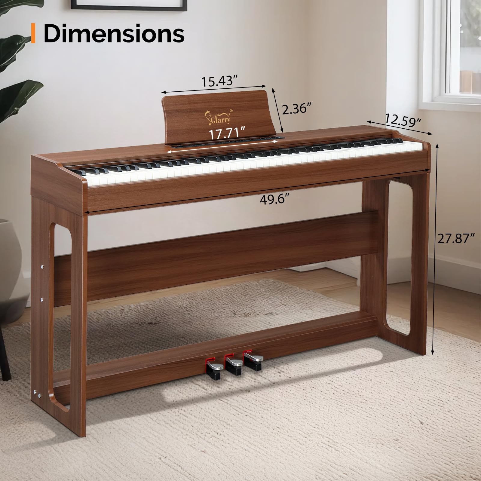 Pianoforte digitale Glarry 88 tasti pesati con cuffie per pianoforte, tastiera elettrica con martelletti completamente pesati e azione pesante per principianti, pianoforte con unità a 3 pedali, doppio
