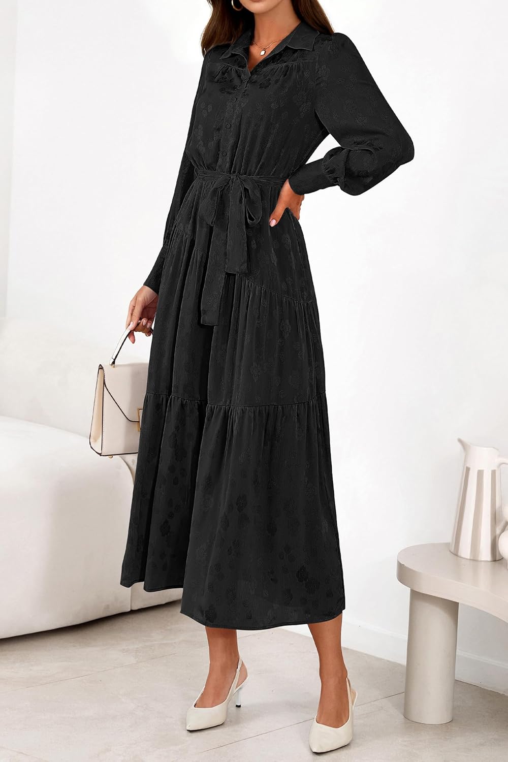 dowerme Women's Casual Dresses 2025 Fall Fashion Long Sleeve Button Up Floral Print Belted Tiered Boho Maxi Party Dress - Image 8