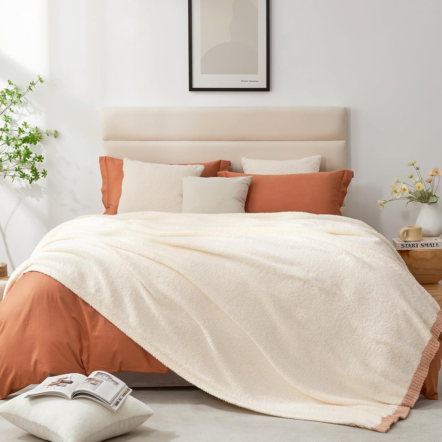 Snuggle Sac Cream Bedding Blankets Queen Size 90x90 inches, Reversible Microfiber Fluffy Fuzzy Soft Throw Cozy Knit Blanket for Women Mothers Birthday Gifts - Image 6