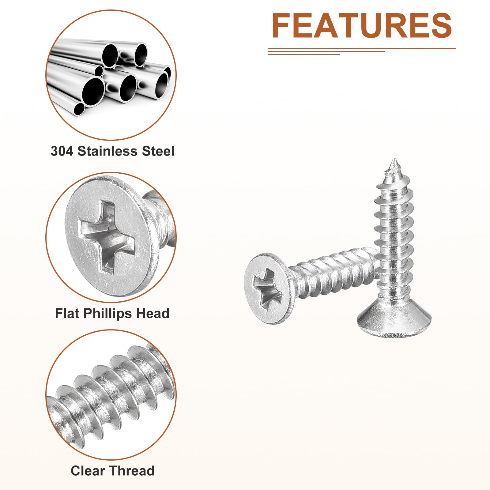 DTGN 200Pcs #4x1/2" Flat Head Wood Screws, 304 Stainless Steel Phillips Self Tapping Screws - Good for Woodworking Furniture - Silver - Image 4