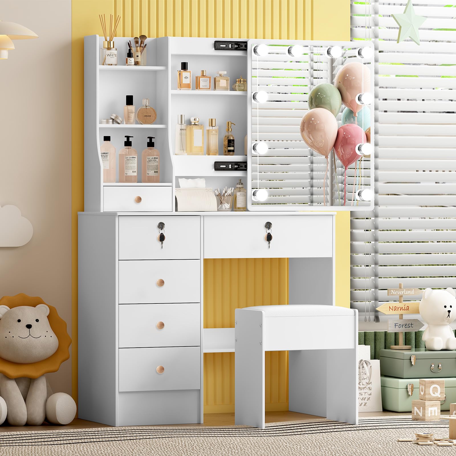 Toeletta con Specchio Luminoso e Sgabello, Scrivania da Trucco con 6 Cassetti e 6 Ripiani, Luci LED Dimmerabili, Bianco,36×80×131 cm H05901