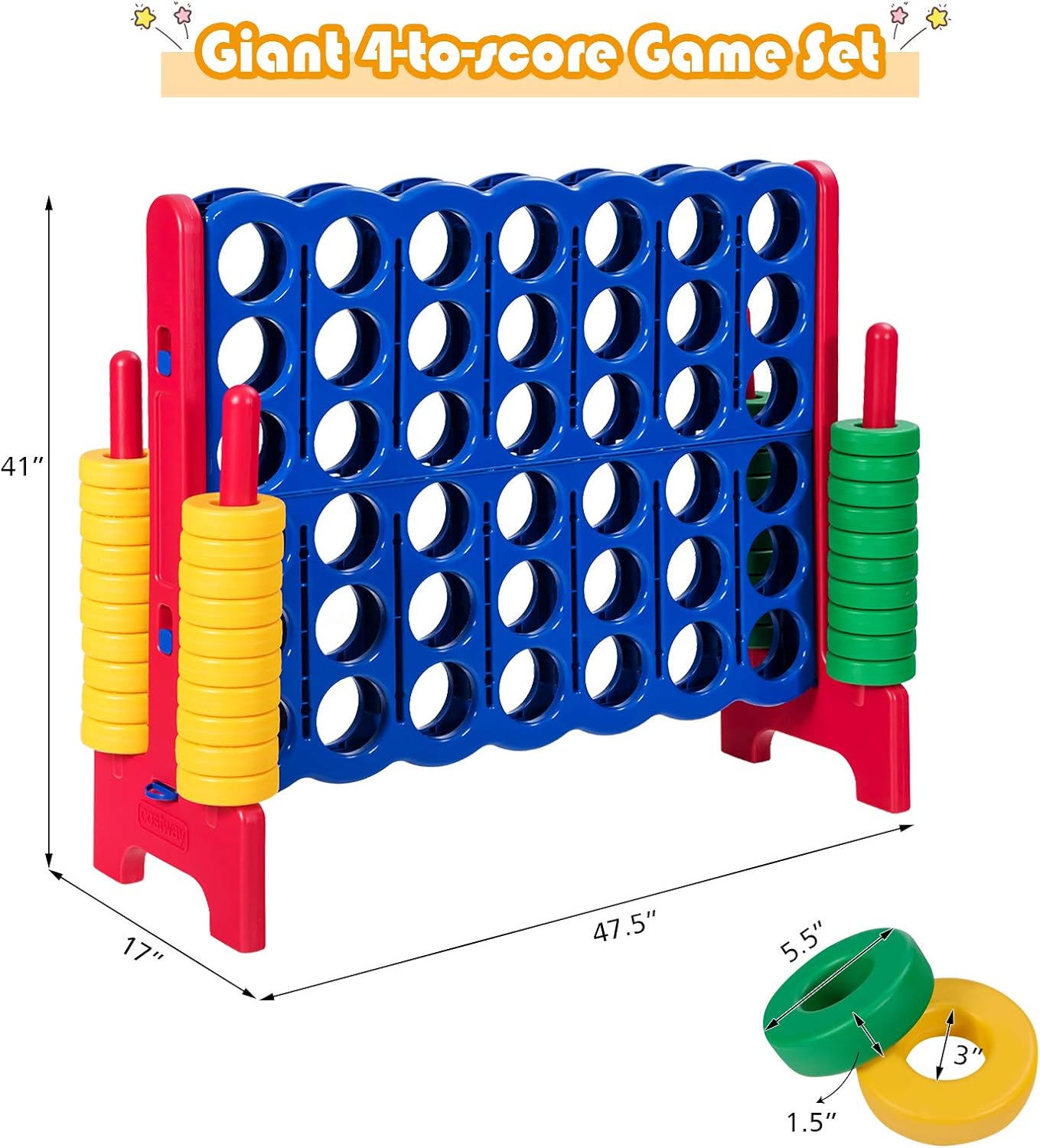 ARLIME Giant 4 in a Row Connect Game, 47'' Jumbo 4-to-Score Toy Set W/ Quick-Release Lever, Build-in Ring, Jumbo Sized for Kids & Adults, Oversized Floor Activity for Indoor & Outdoor Play