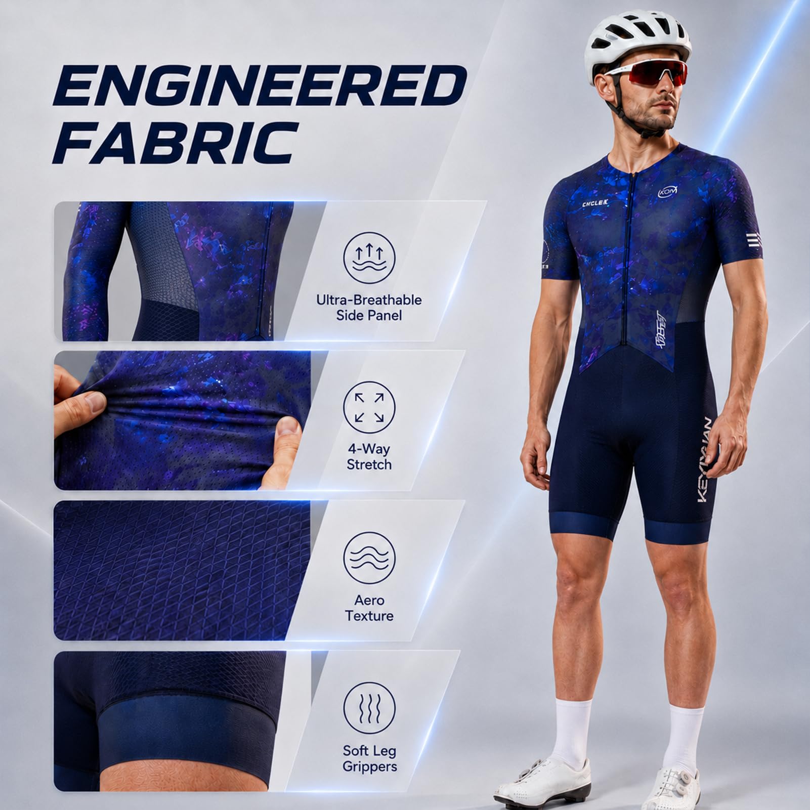 Tuta da Ciclismo Uomo Manica Corta – Fondello Alta Densità, UV | Skinsuit, traspirante, asciugatura , 3 tasche posteriori, per ciclismo su strada & triathlon, Set abbigliamento da ciclismo