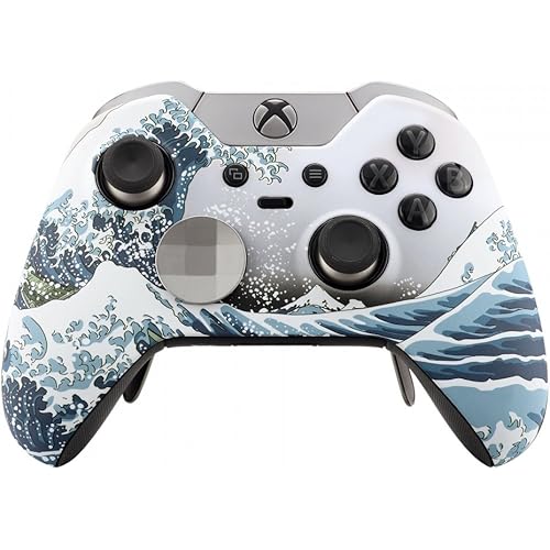 eXtremeRate The Great Wave Patterned Front Housing Shell Faceplate for Xbox One Elite Controller Model 1698 with Thumbstick Accent Rings - Controller NOT Included