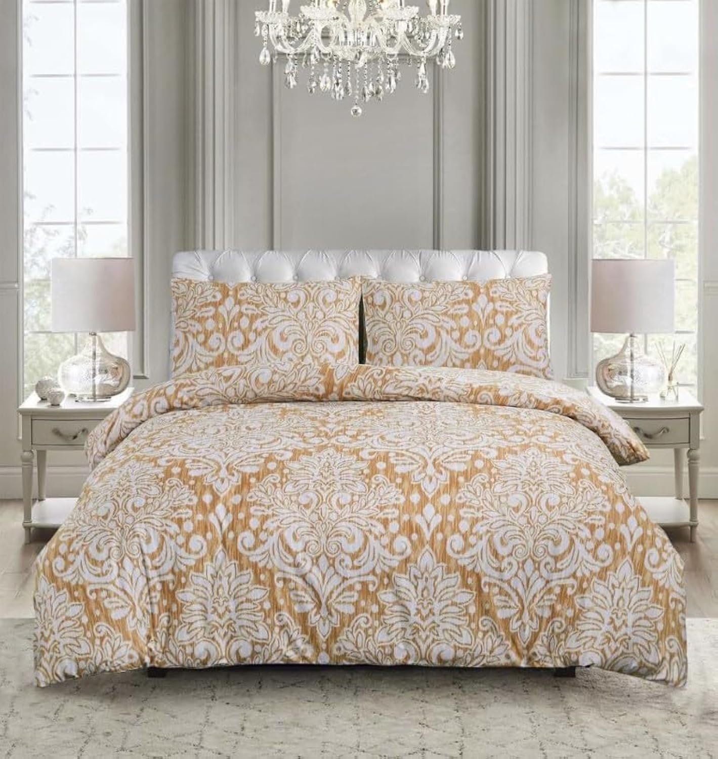 renoazul Microfiber Duvet Cover Sets Single - Single Bed Duvet Cover Set with Pillow Case & Fitted Sheet, Bedding Set Single, Soft & Easy Care - Single 3 Piece, Royal Damask Gold