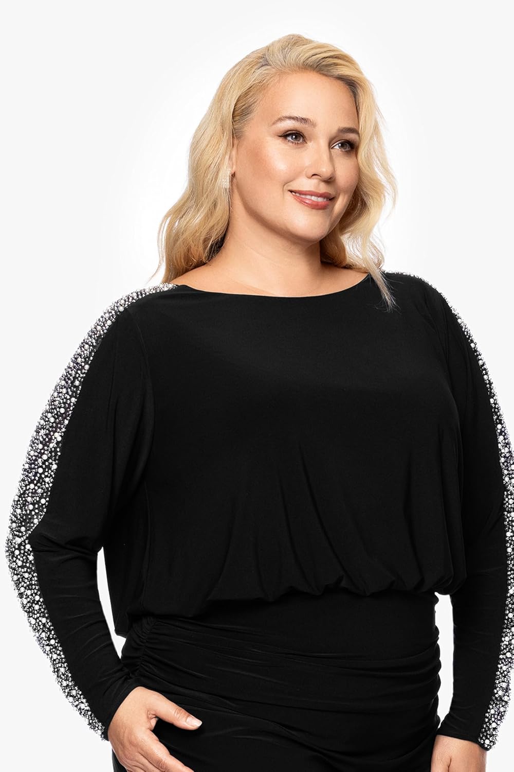 Betsy & Adam Womens Betsy & Adam Women's Long Sleeve Gown with Jewel Neckline, Beaded Sleeve Detail, and Ruched Waist (Plus) - Image 4