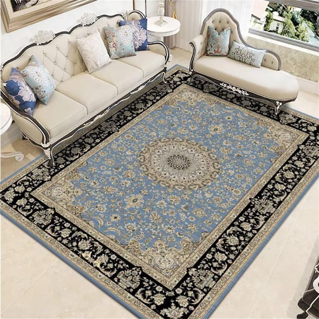 Tapis salon bleu vintage 180x250 grand tapis de chambre ado fille