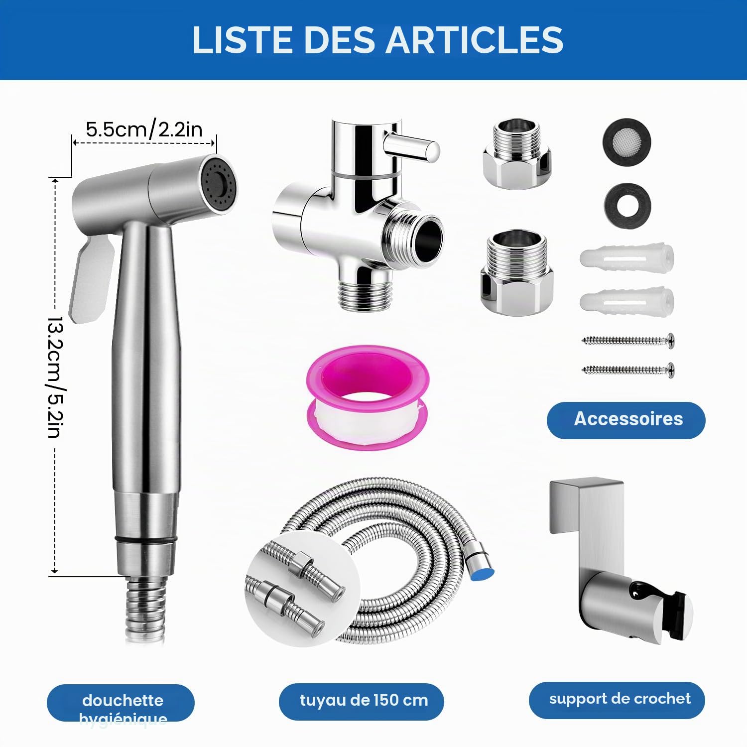 Douchette Toilette, WC Kit Complet,Kit WC, Pulvérisateur Pour l'hygiène Personnelle Quotidienne, Pomme de Douche Toilette avec Tuyau, Adaptateurs G1/2' et G3/8', Argent