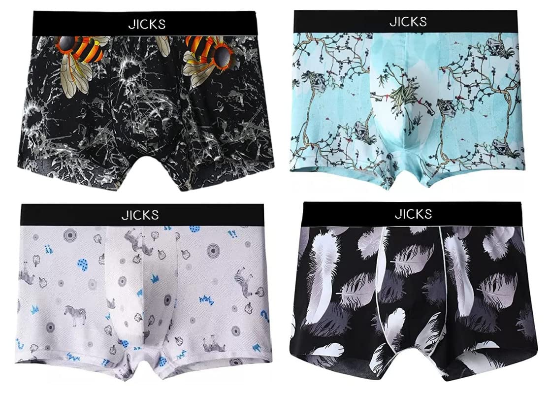 JICKS Men’s Spandex Extra Thin Elastic Underwear Long Comfortable Comfort Boxer Brief Imported Material All Over Printed Design, Multicolor Pack of 4, Small