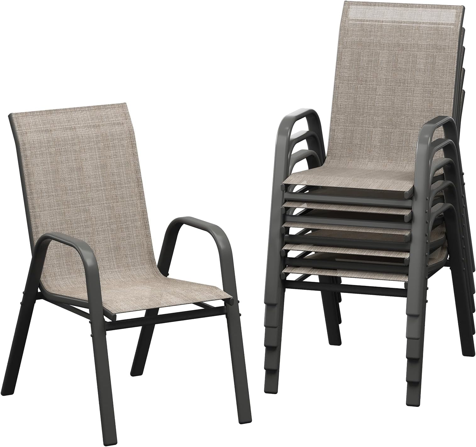 Patio Chairs Set of 6, Outdoor Stackable Dining Chairs with Textilene Fabric, All-Weather Deck Stacking Chairs with High Back for Backyard Poolside Garden Balcony, Brown