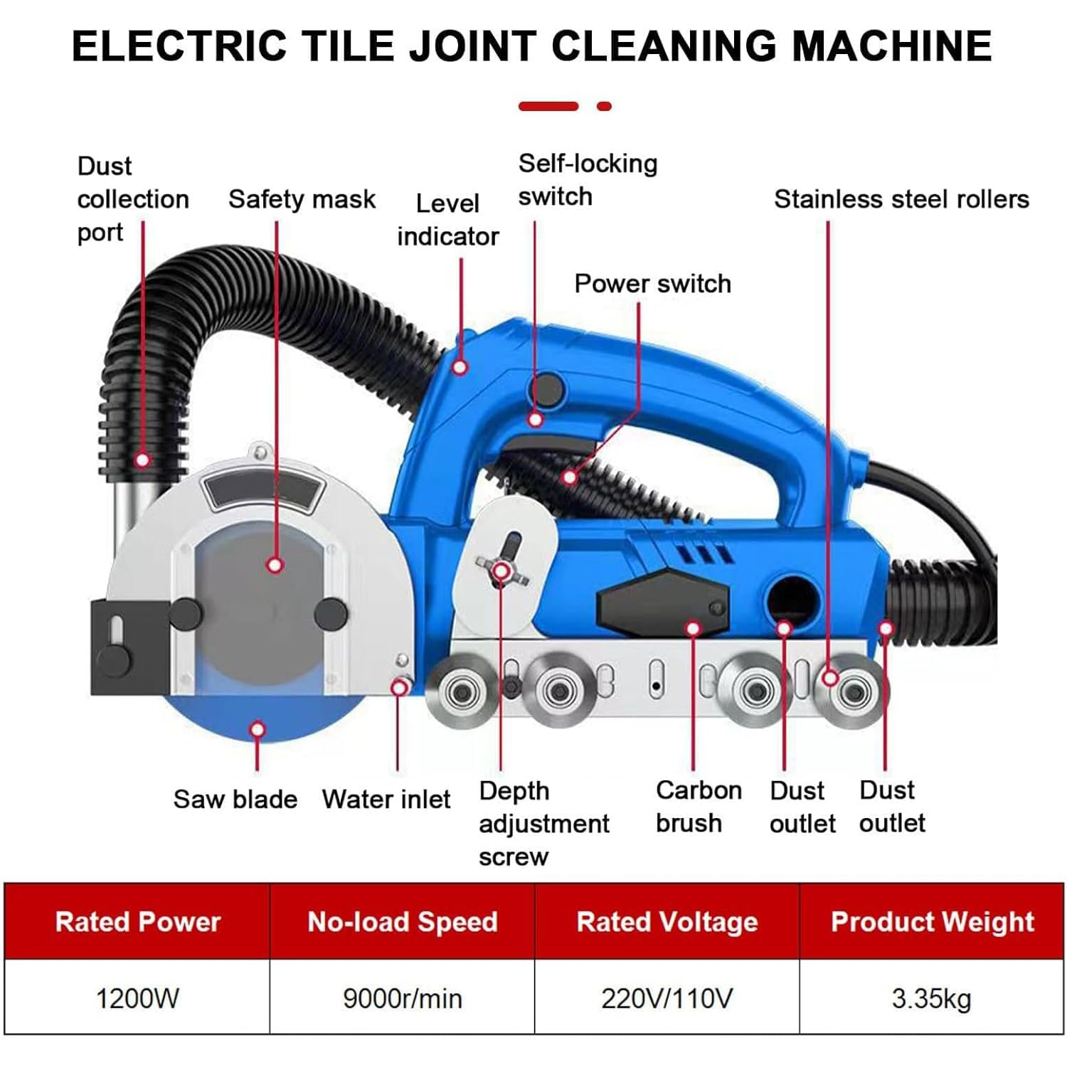 Herramienta eléctrica de extracción de lechada, máquina removedora de lechada de 1200 W, 9000 RPM, hoja de diamante, profundidad ajustable, diseño de autolimpieza para limpieza de azulejos y corte de