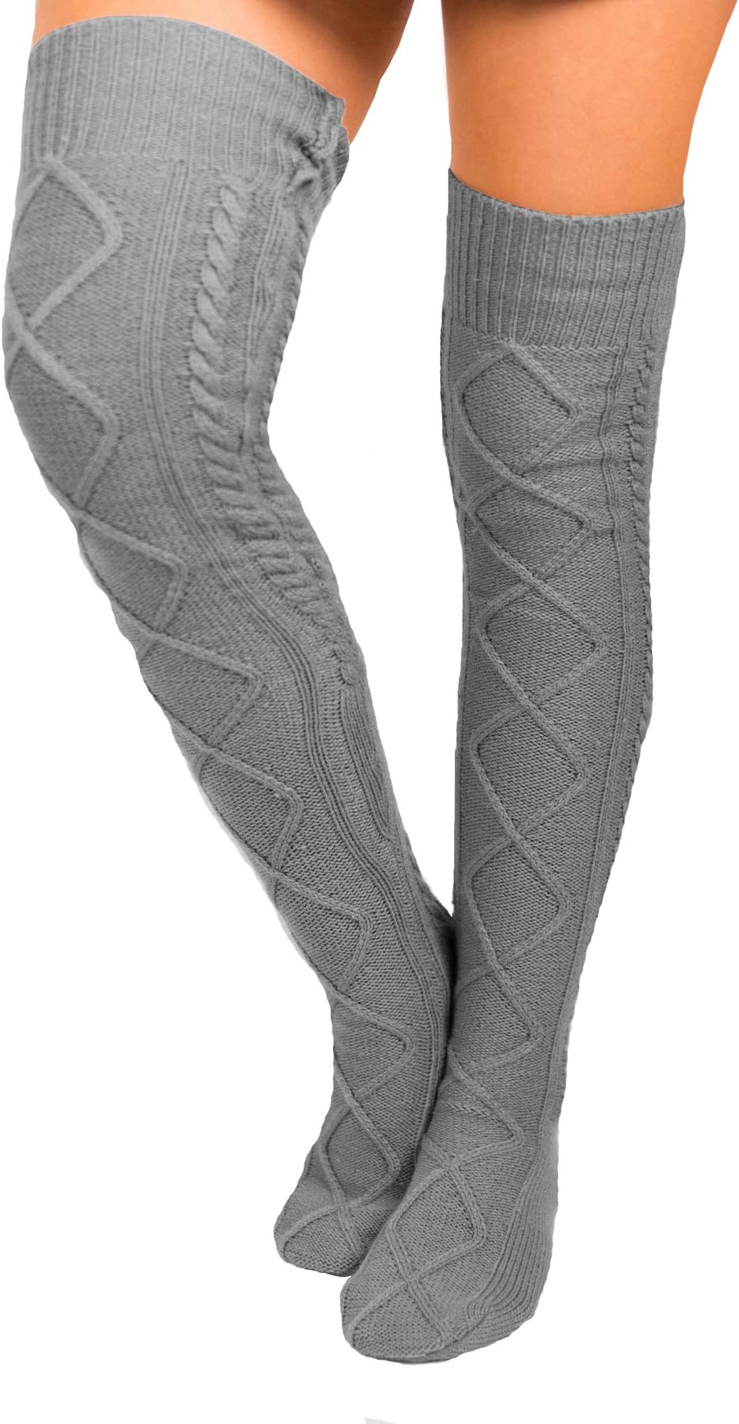 Floral Find Women's Winter WARM Knee High Knit Extra Long Boot Socks (Gray)