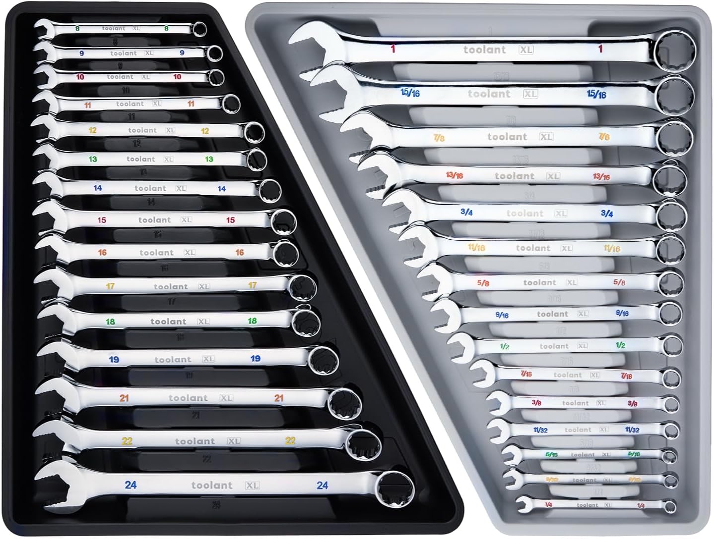 toolant Max Grip 30pcs Professional Metric & SAE Combination Wrench Set with Long Pattern Offset Heads Anti-Slip Teeth & Color-Coded Markings for Machinist, Auto, maintenance, DIYer Metric&SAE?8-24mm&1/4-1"?