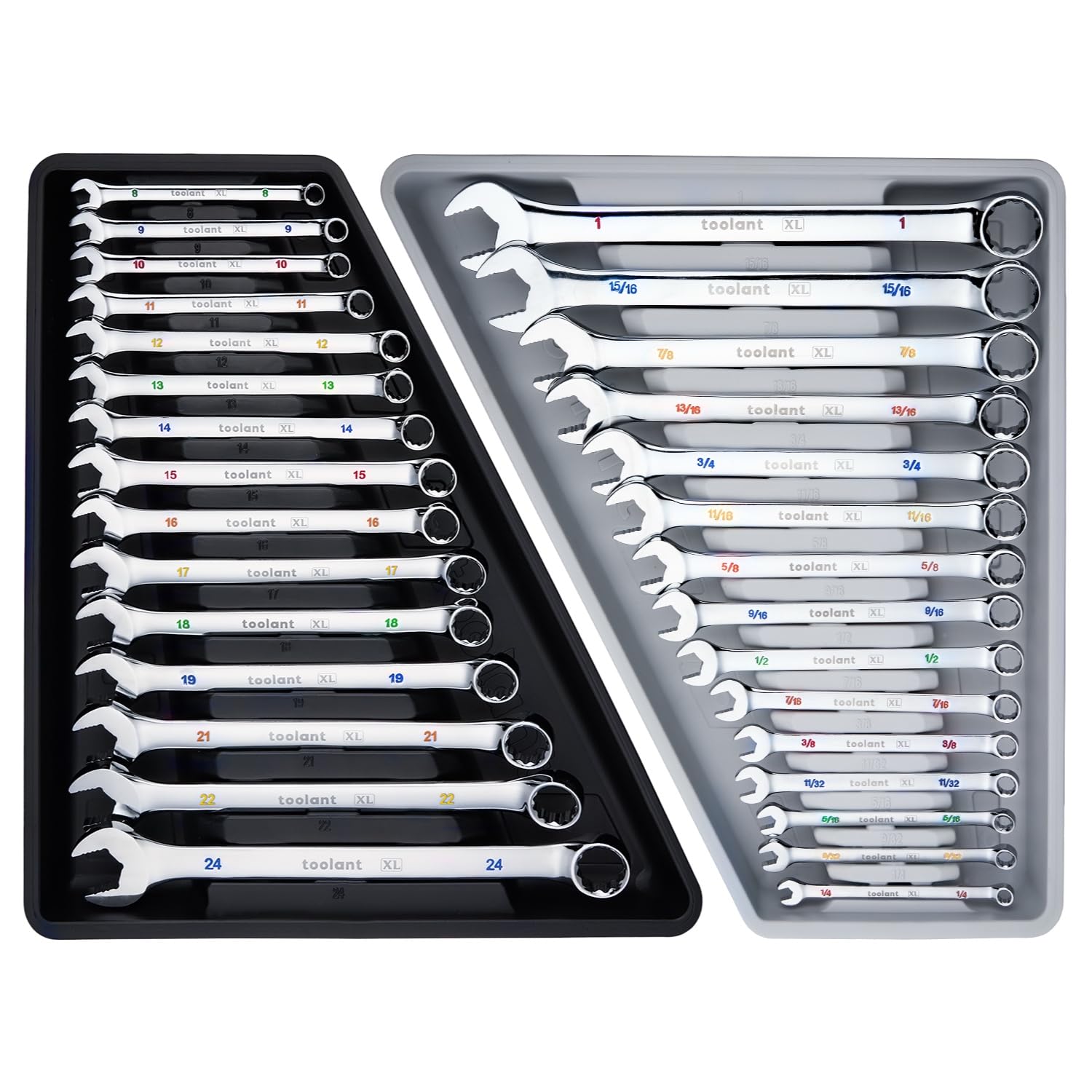 Toolant Max Grip 30pcs Professional Metric & SAE Combination Wrench Set with Long Pattern Offset Heads Anti-Slip Teeth & Color-Coded Markings for Machinist, Auto, maintenance, DIYer