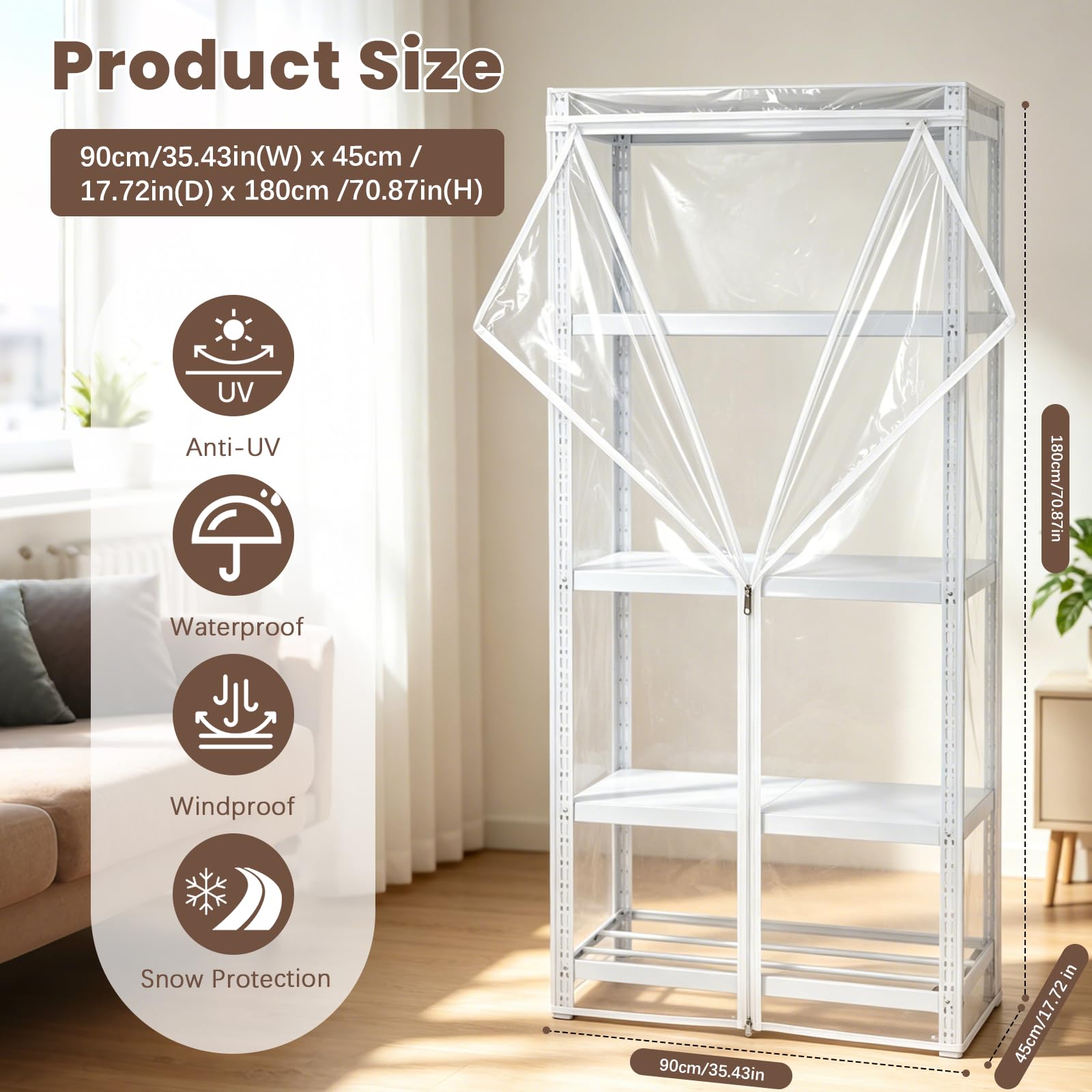 BRGD Housse de Protection Contre Poussière en PVC, 180x90x45cm Étagères Protection Housse avec Fermeture Éclair pour Mobilier de Jardin, Cuisines, Balcons et Étagères