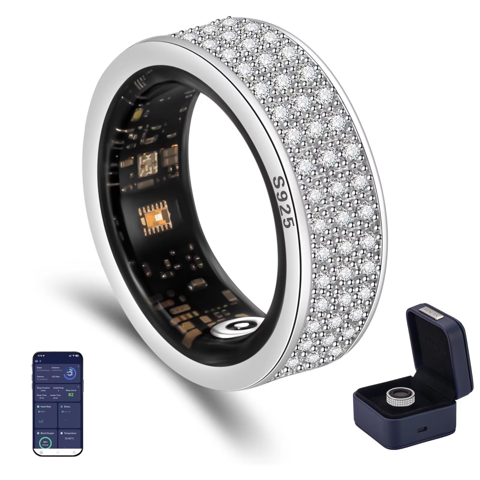 Bague De Bien-êTre en Argent S925 avec Suivi du Sommeil, Suivi De La Condition Physique, Moniteur De FréQuence Cardiaque Et De Vrc, Bague Intelligente éTanche, Suivi De La Santé Vitale