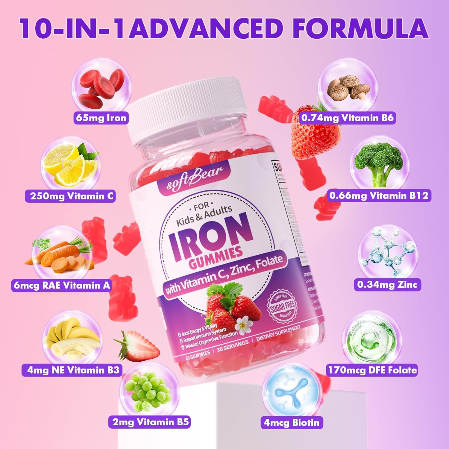 softbear Iron Gummies for Women & Men & Kids, Chewable Iron Supplements with Vitamin C,B3,B5,B6,B12 Supports Immune System, Energy & Vitality, Sugar-Free/Vegan, Strawberry Flavor 120 Count