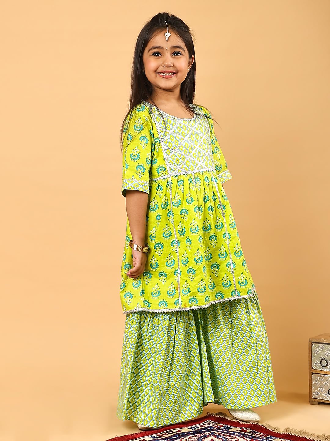 superminis Baby Girls Cotton Sanganeri Printed Frock Style Kurti & Pant (2-3 Years, Green)