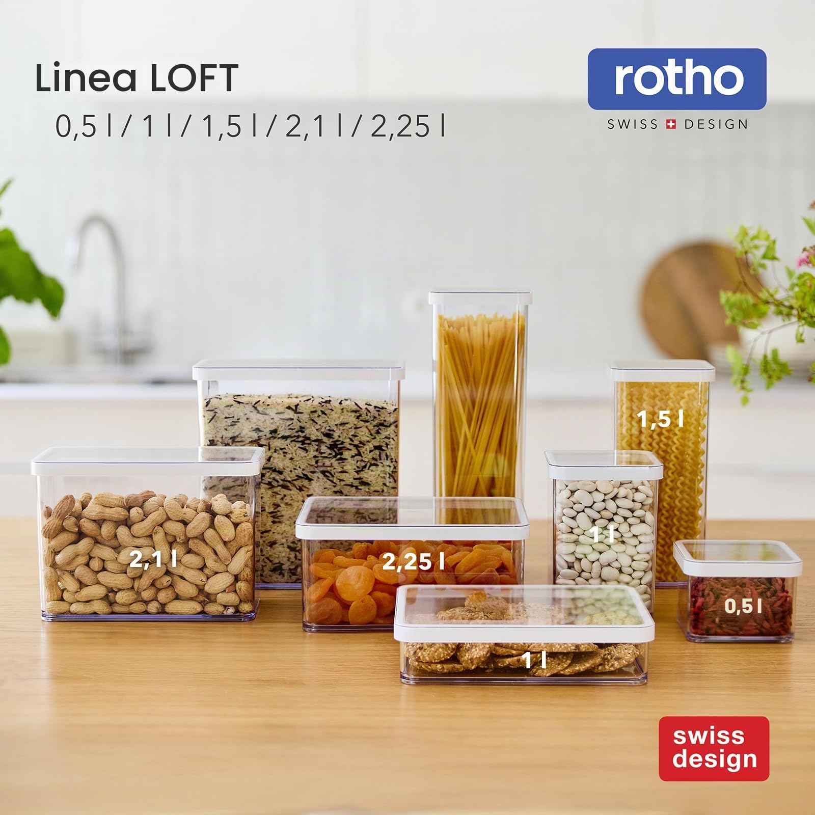 Rotho Loft Set 24 Contenitori Alimentari, Barattoli Ermetici senza BPA | Salvaspazio impilabili per cucina, set misto da 0,5 a 2,25 l in plastica SAN trasparente, lavabili in lavastoviglie