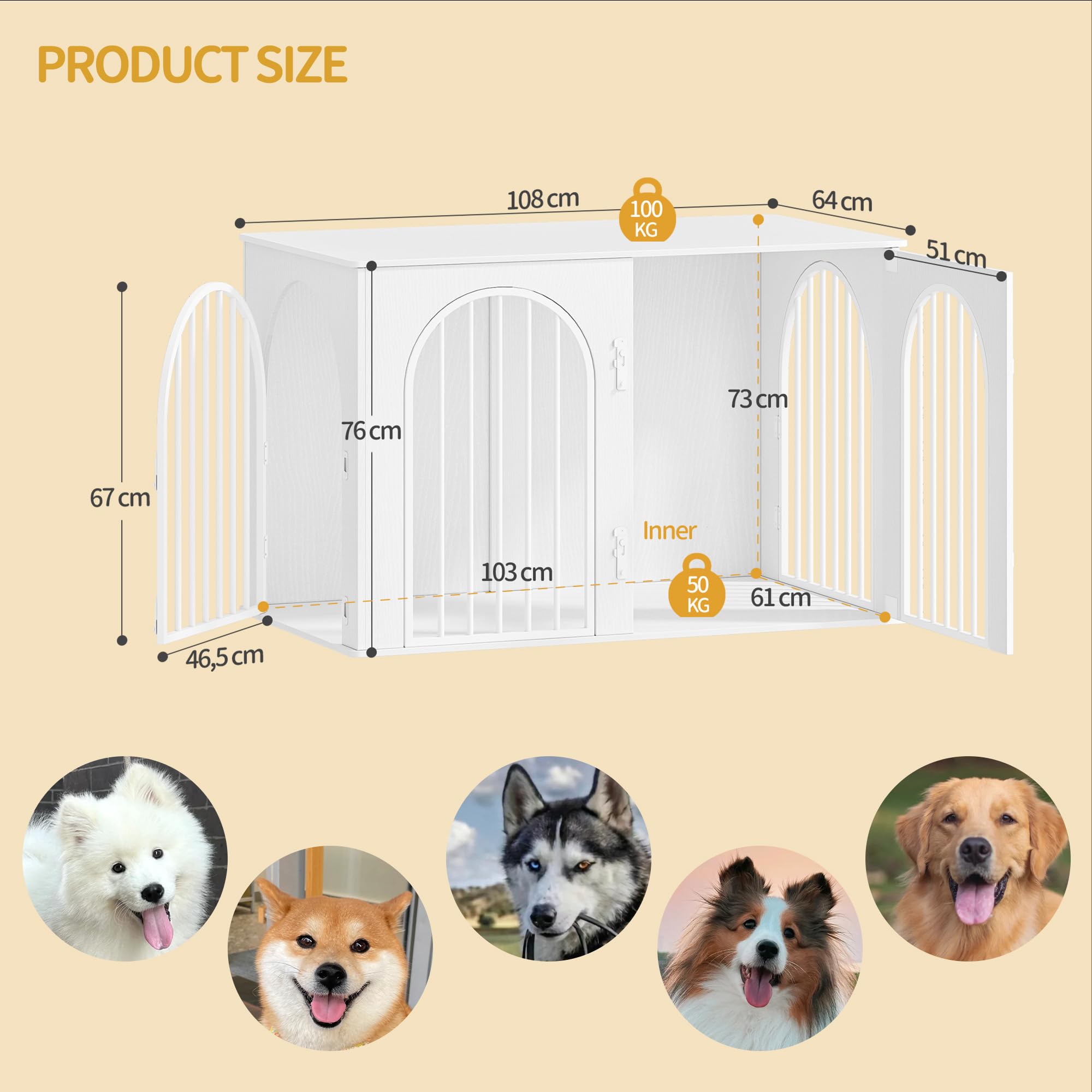 Hzuaneri 108 cm Jaula para Perros, Mesa Auxiliar, Casa Moderna para Perros, Jaula Perro Grande para Casa de Madera, Dúplex para Animales, 3 Puertas, Puerta Arqueada, 64 x 108 x 76 cm, Blanco