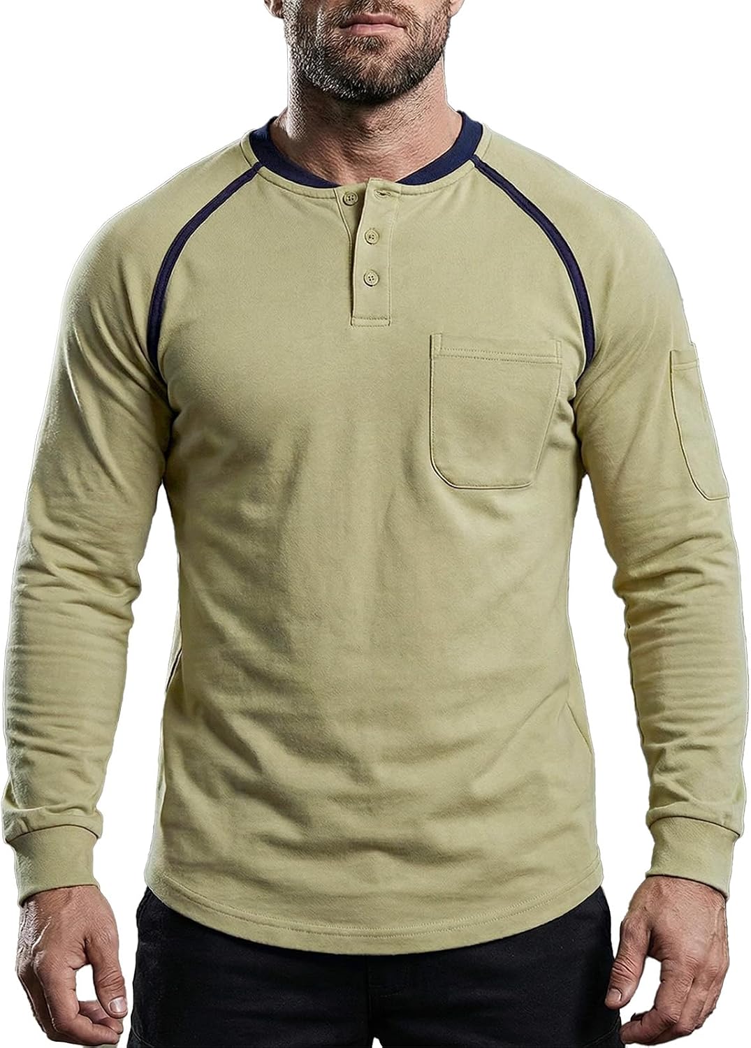 FR Shirts for Men 5.5oz Lightweight 100% Cotton Flame Resistant Henley NFPA 2112 CAT2 Work Shirt Dual Pockets