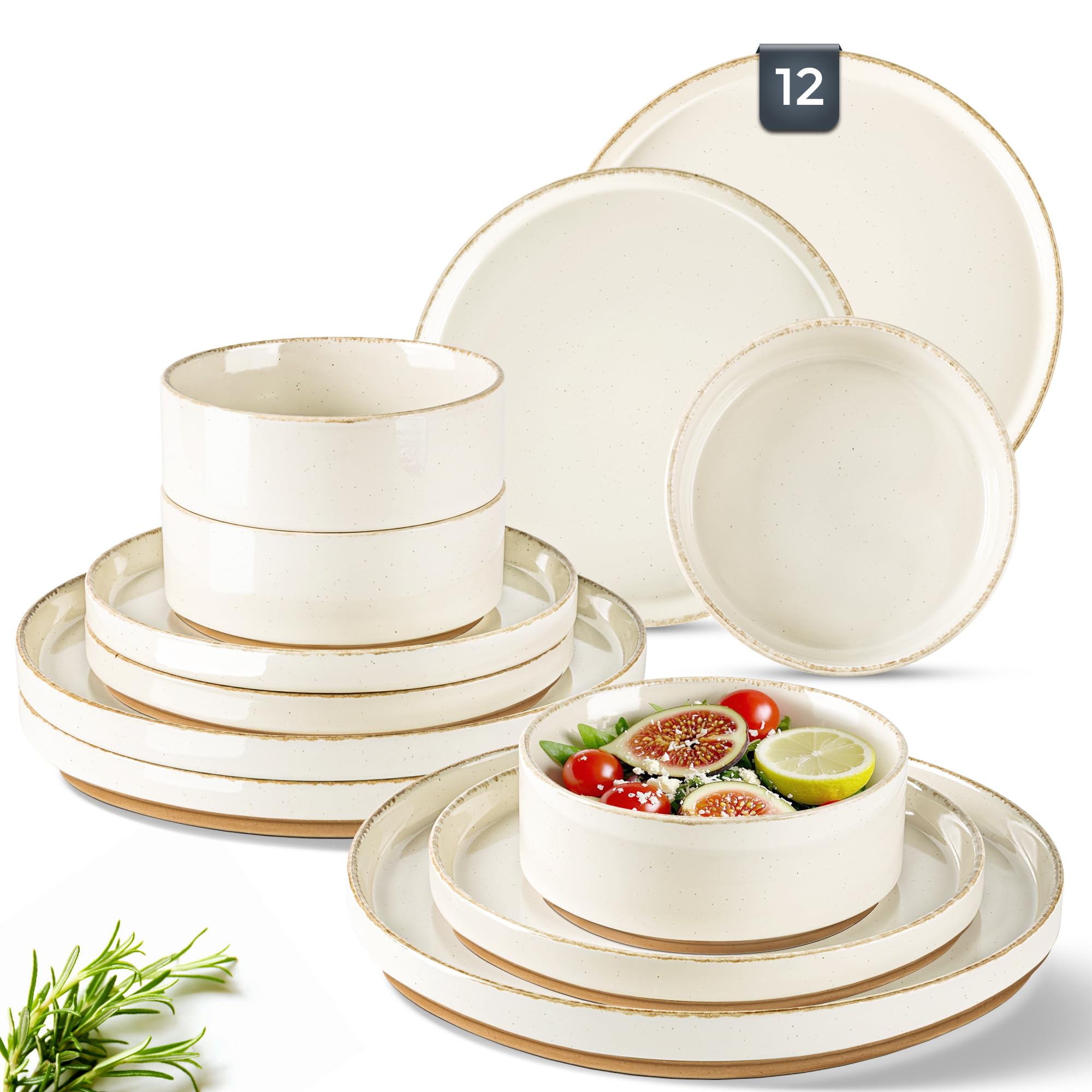 AmorArc Ceramic Dinnerware Sets for 4, 12 Pieces Handpainted Plates and Bowls Set with Rustic Terracotta Underside, Scratch Resistant Stoneware Dishes Set, Dishwasher & Microwave Safe