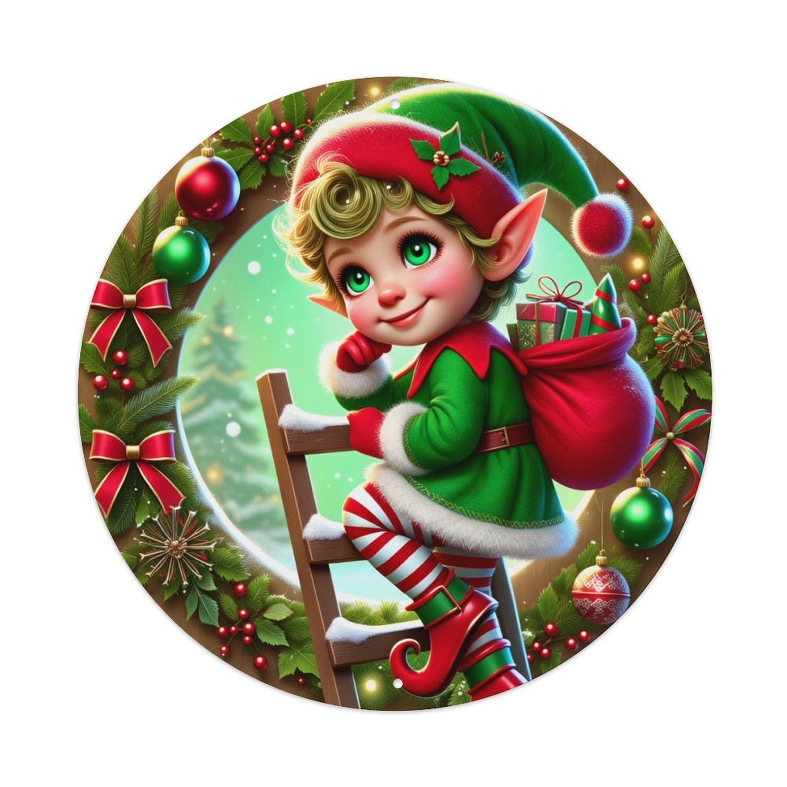 Christmas Elf Ladder Decor Round Tin Sign Vintage Metal Poster, Home Bar Garage Man Cave Cafe Indoor & Outdoor Wall Decoration 8x8Inches