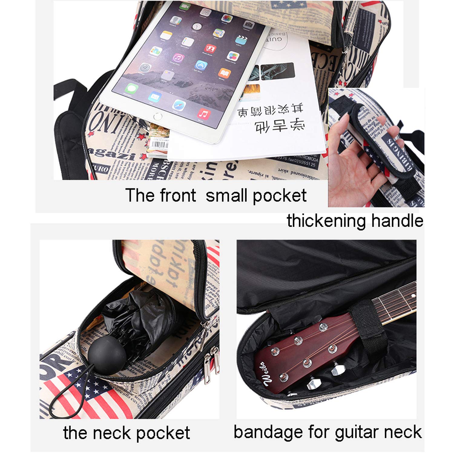 Housse de transport pour guitare folk acoustique ou classique en tissu Oxford imperméable à double couture rembourrée Motif journal kaki 104 cm