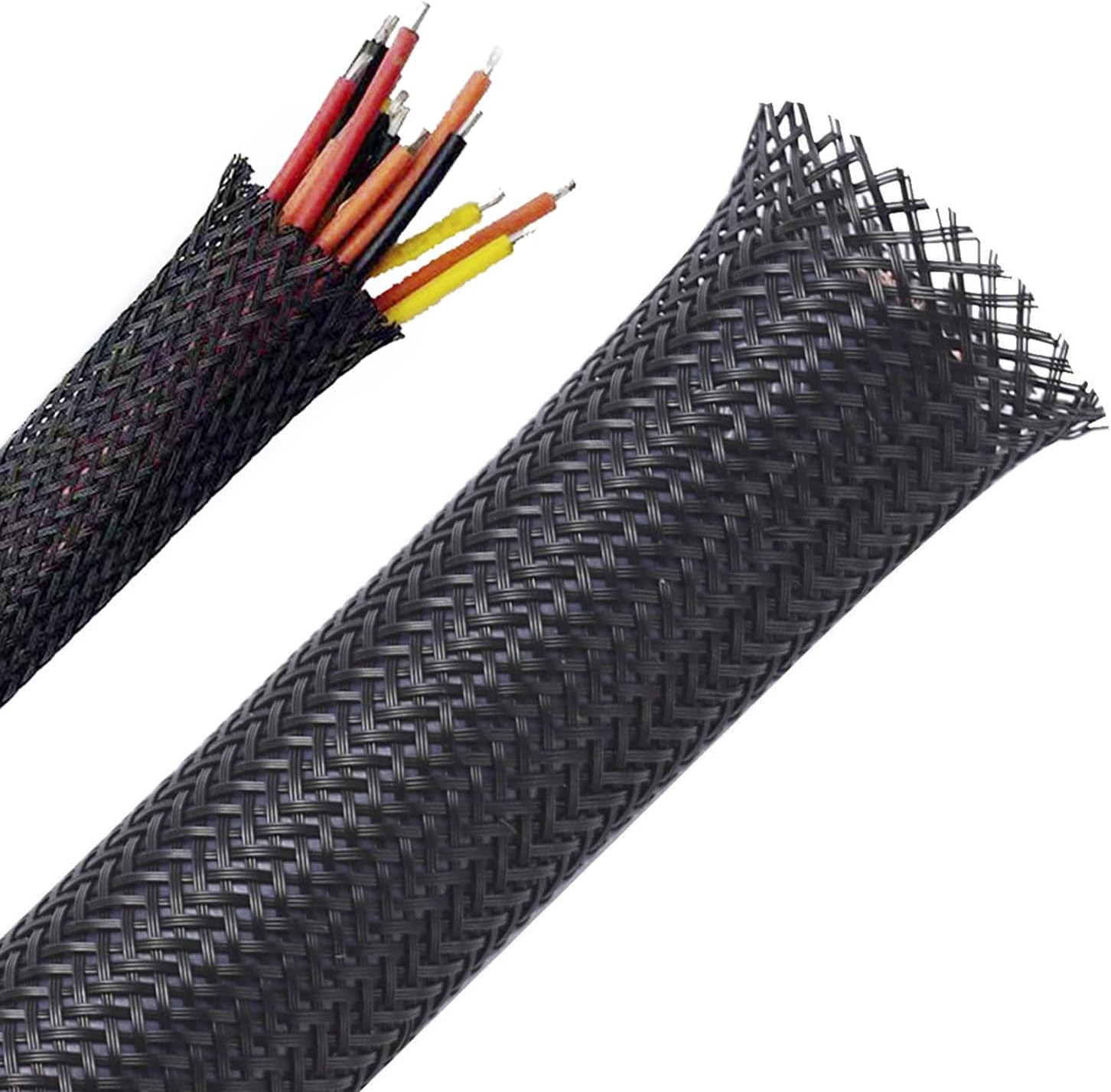 25ft - 1/4 inch PET Expandable Braided Sleeving, Braided Cable Sleeve, Braided Wire Hider Mesh, Cord Management Organizer for USB Power Video Cable, Flexible Wrap Cover w/Heat Shrinkable Tubes(Black)