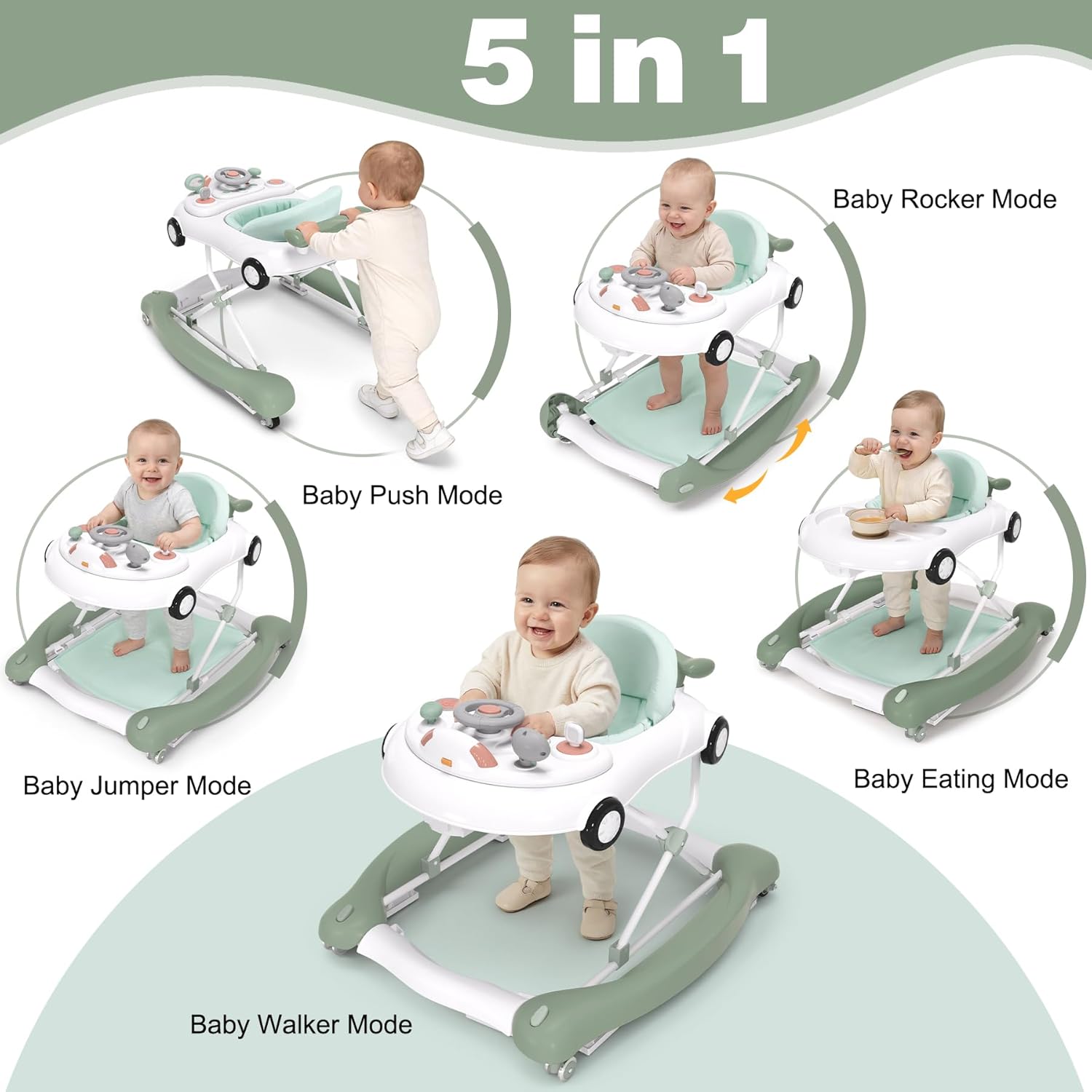 5-in-1 Convertible Baby Walker with Steering Wheel Music Activity Center – Infant Rocker, Jumper, Push Walker, Bouncer & Feeding Foldable Walker for Ages 6-18 Months Boys Girls (Mint)