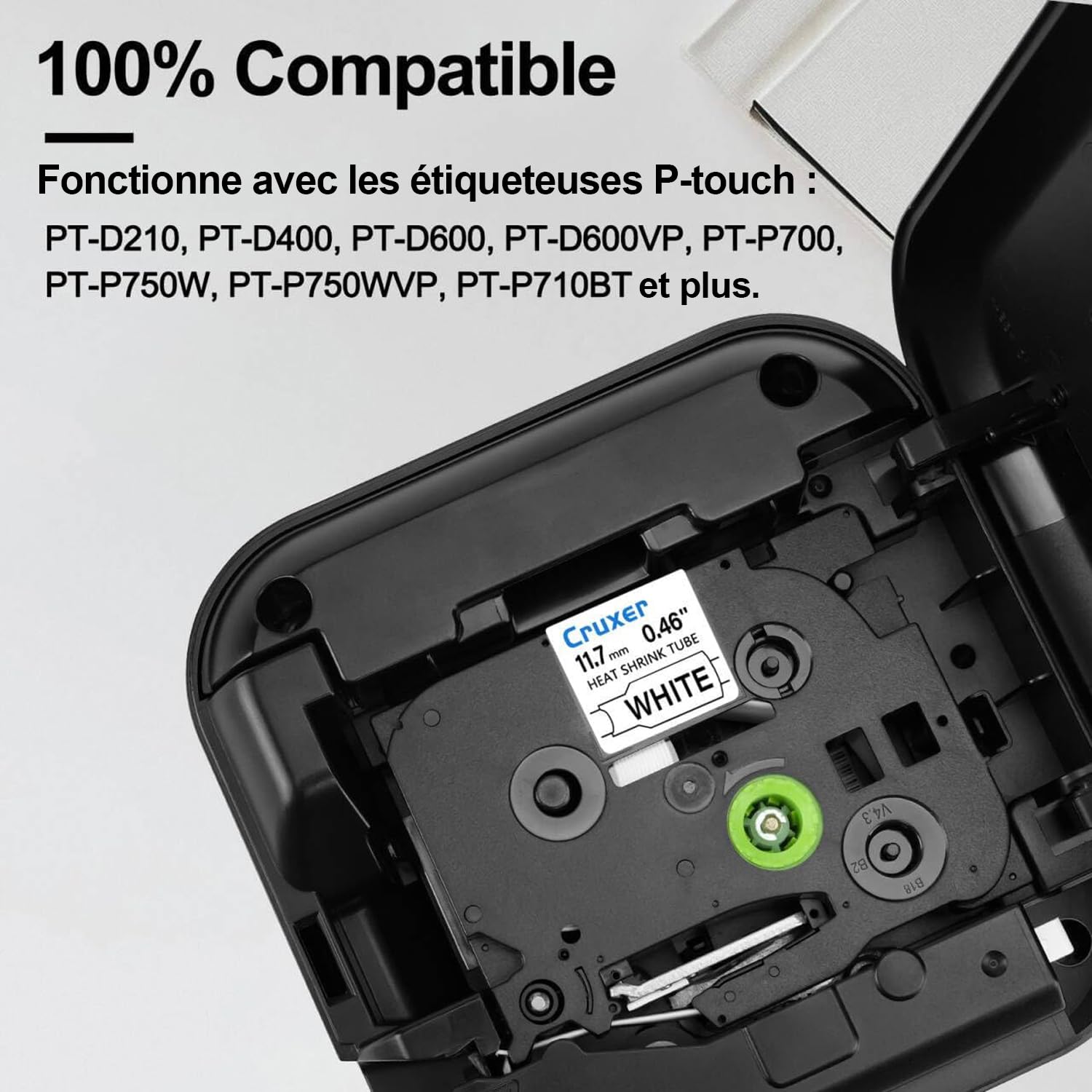 Cruxer Lot de 8 Ruban compatible P-Touch HSE-231 11,7 mm Noir sur Blanc