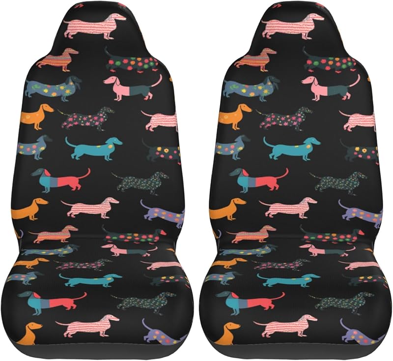 Capa para Banco Dianteiro com Estampa Colorida de Dachshund TianHeYue para Carro, SUV e Caminhão – Kit com 2 peças