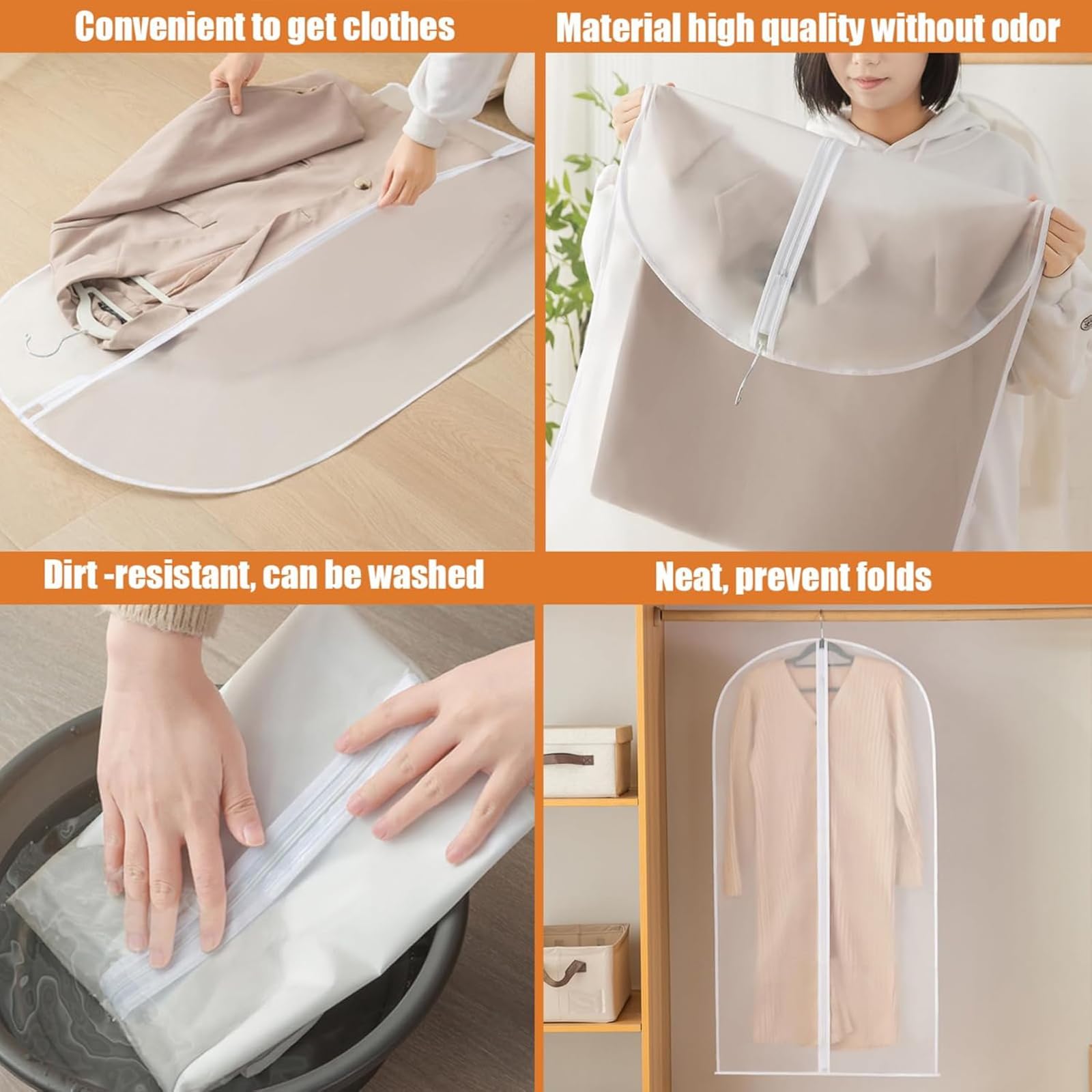 Qikvuer 8 Fundas de Ropa, Fundas Ropa Armario Transparente 60 x 120/100 cm, Bolsa Guardar Ropa Almacenaje Antipolvo para Traje, Vestidos, Camisas,Vestidos de Noche (Blanco)