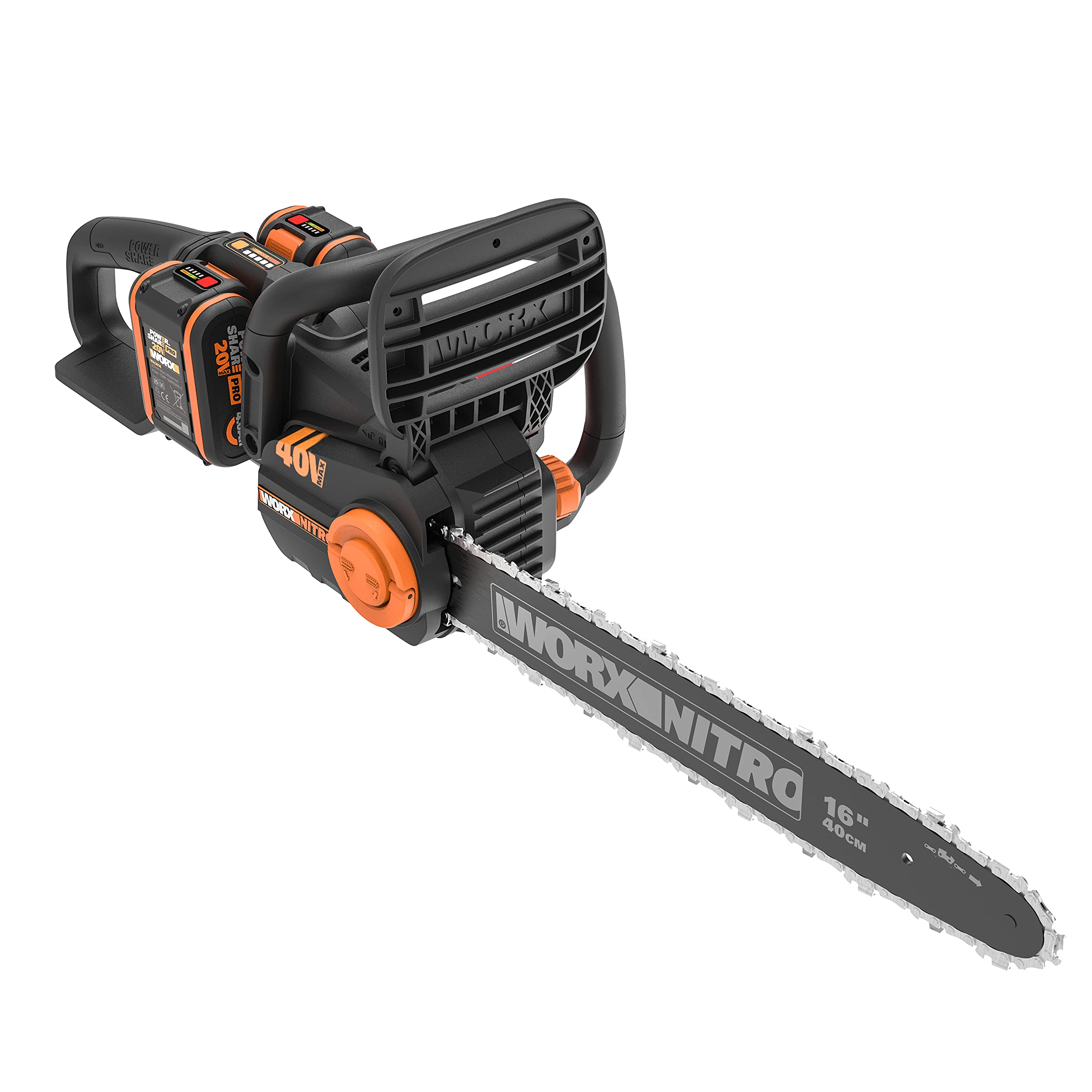 WORX WG385E Nitro Akumulatorowa Pilarka Łańcuchowa 40V(2 x 20V), Silnik Bezszczotkowy, Automatyczne Napinanie i Smarowanie Łańcucha, Długość Cięcia 40 cm, Prędkość Cięcia 18m/s