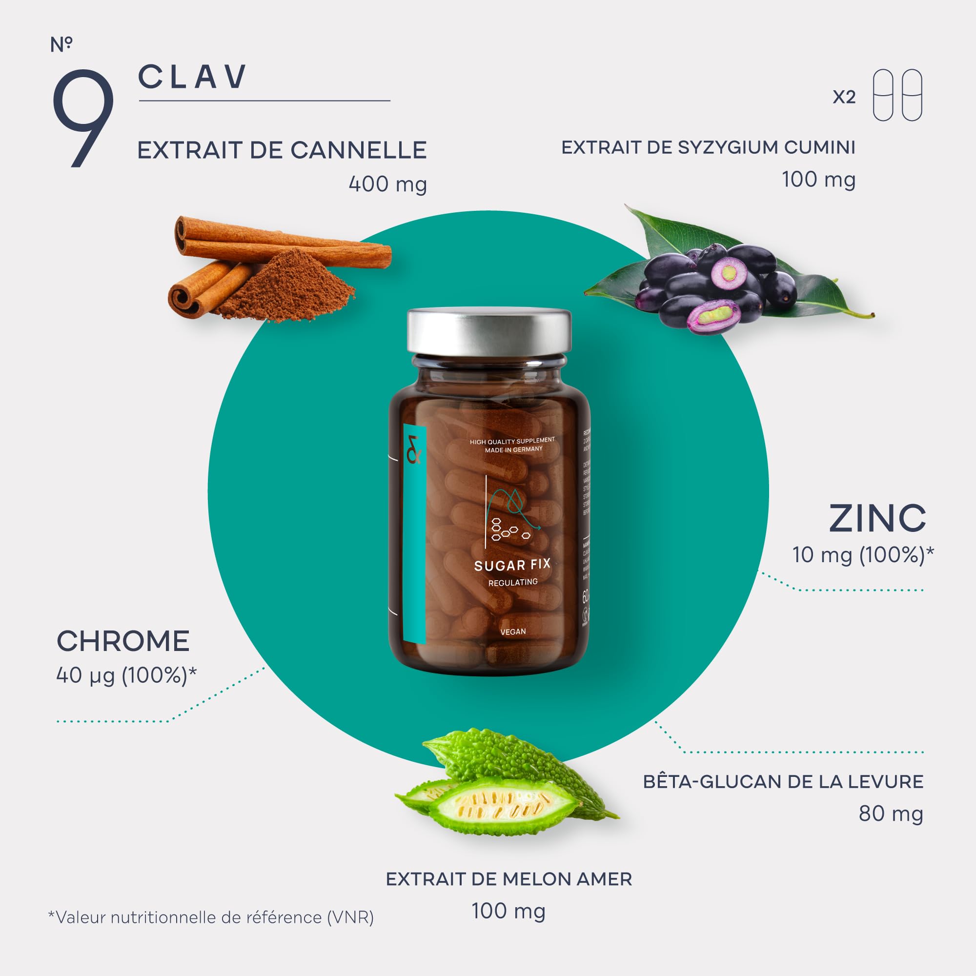 N°9 SUGAR FIX | Pour Contrôle Naturel de Glycémie et Métabolisme Glucidique | Couvre les Besoins Quotidiens en Chrome et en Zinc | 400mg de Cannelle + Syzygium Cumini + Melon amer | 60 Gélules Vegan
