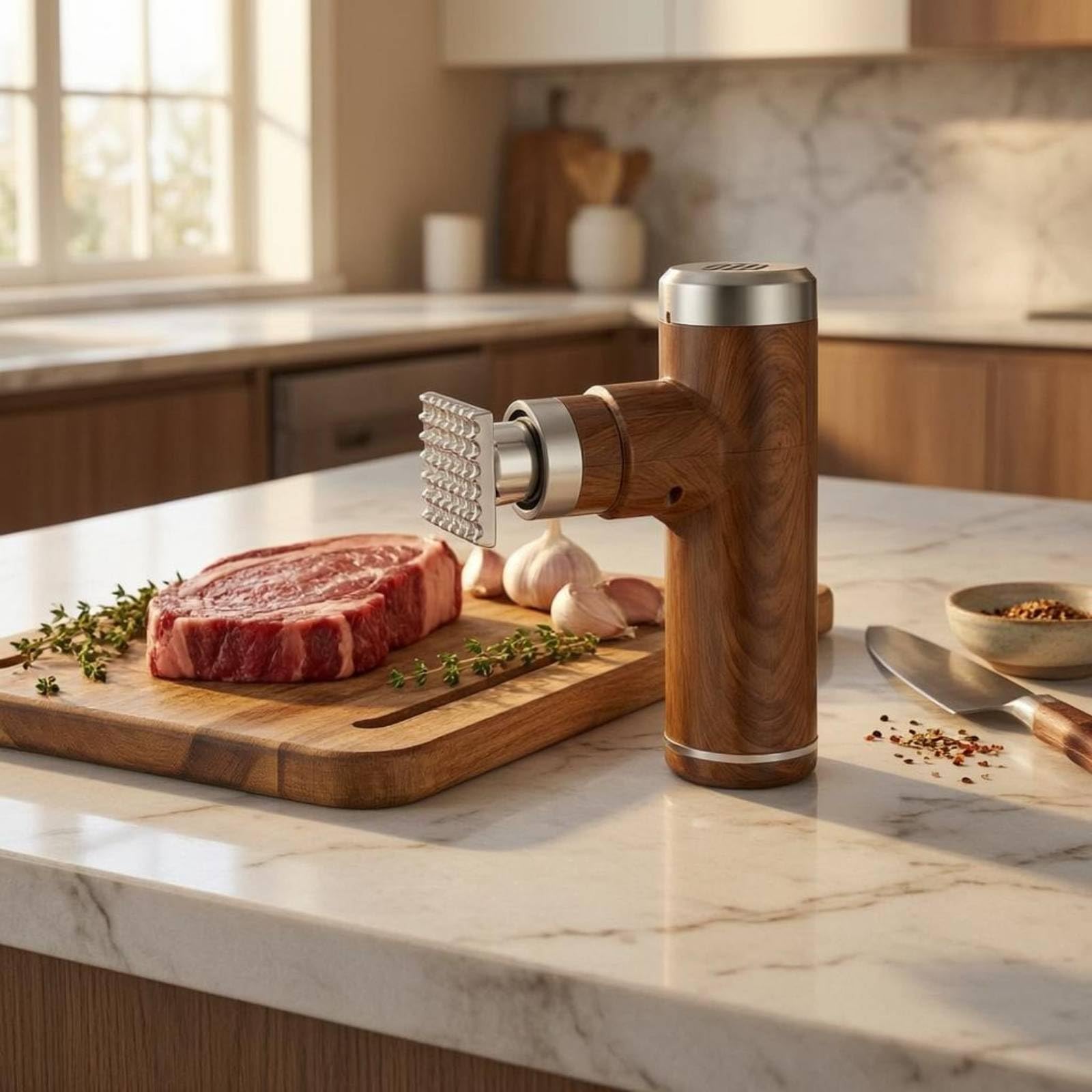 Qianly Elektrischer Fleischzartmacher Steakzartmacher Fleischzartierer Fleischklopfer aus Edelstahl mit Mehrfachnadeln Und 6 Stufiger USB Einstellung für, Braun, Hochwertiges Braun