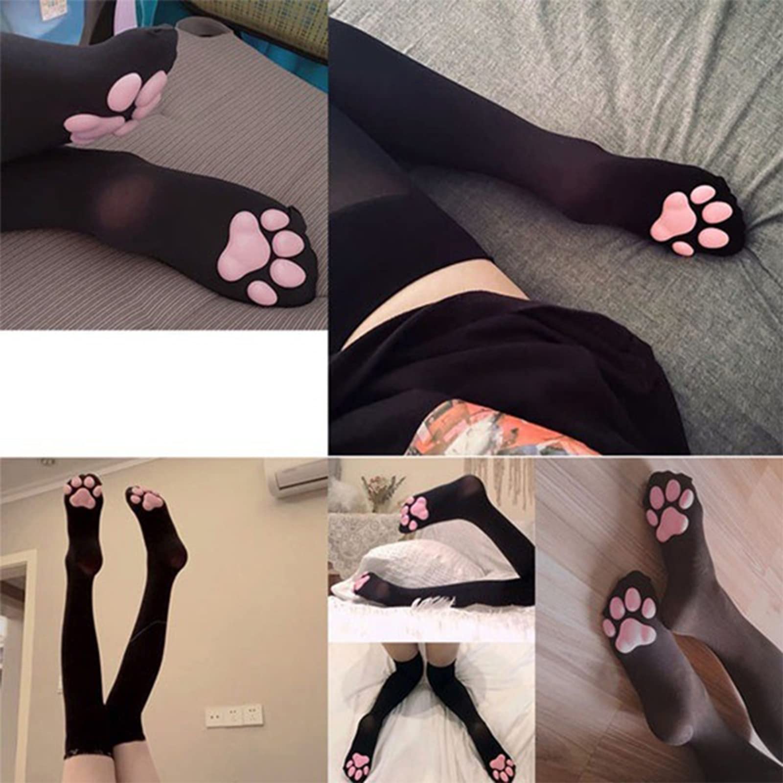 Mignon Chat Patte Pad Cuisse Haute Cosplay Chaussettes Avec Rose 3D Chaton Griffe Mitaines Longs Gants Sans Doigts pour Filles Femmes…