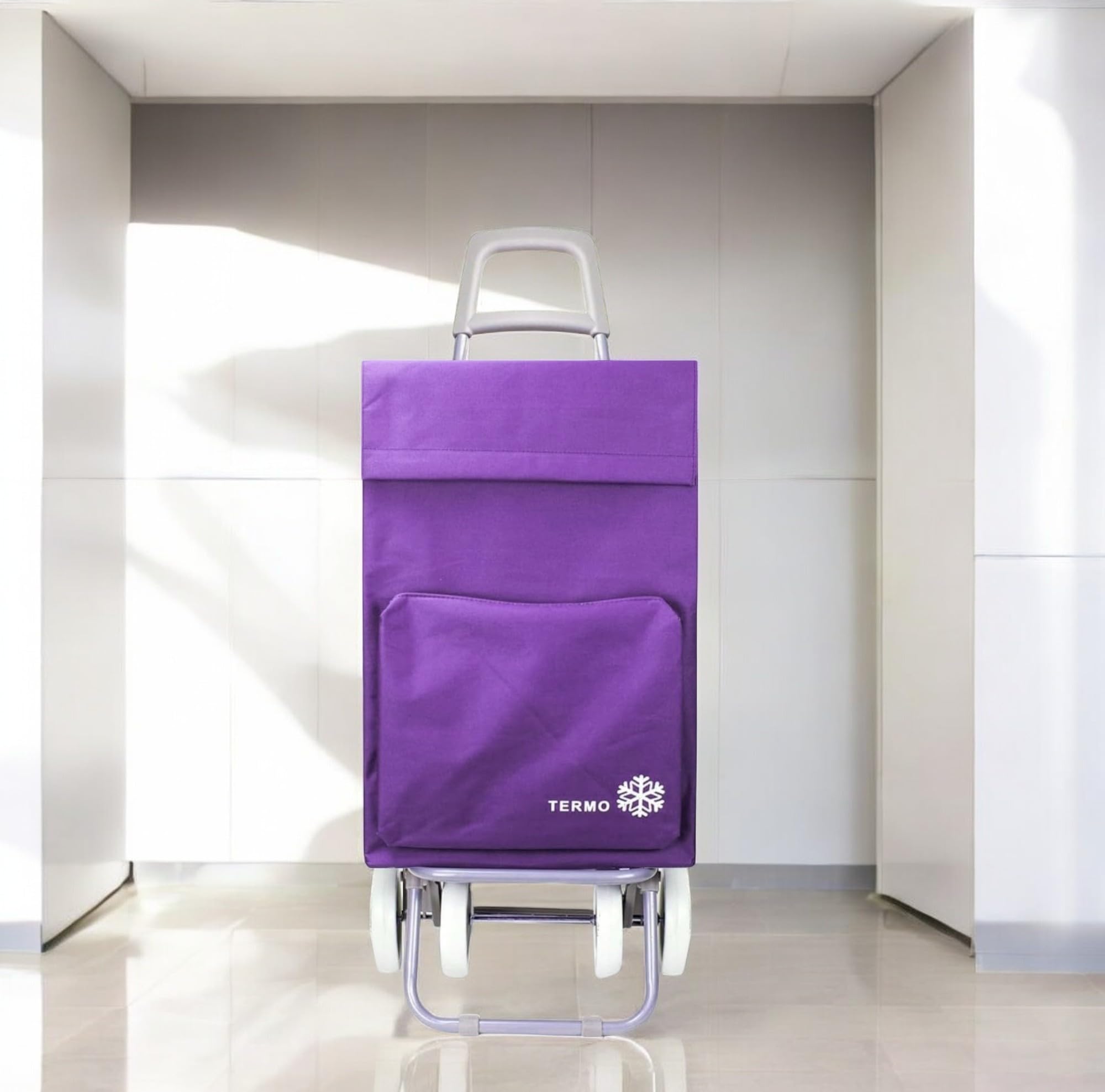 Carro de la Compra Plegable con Bolsa Térmica 4 Ruedas para Subir Escaleras, Carrito del Mercado, Bolsa Impermeable isotérmica de 46L litros. Porta Paraguas. (Morado)