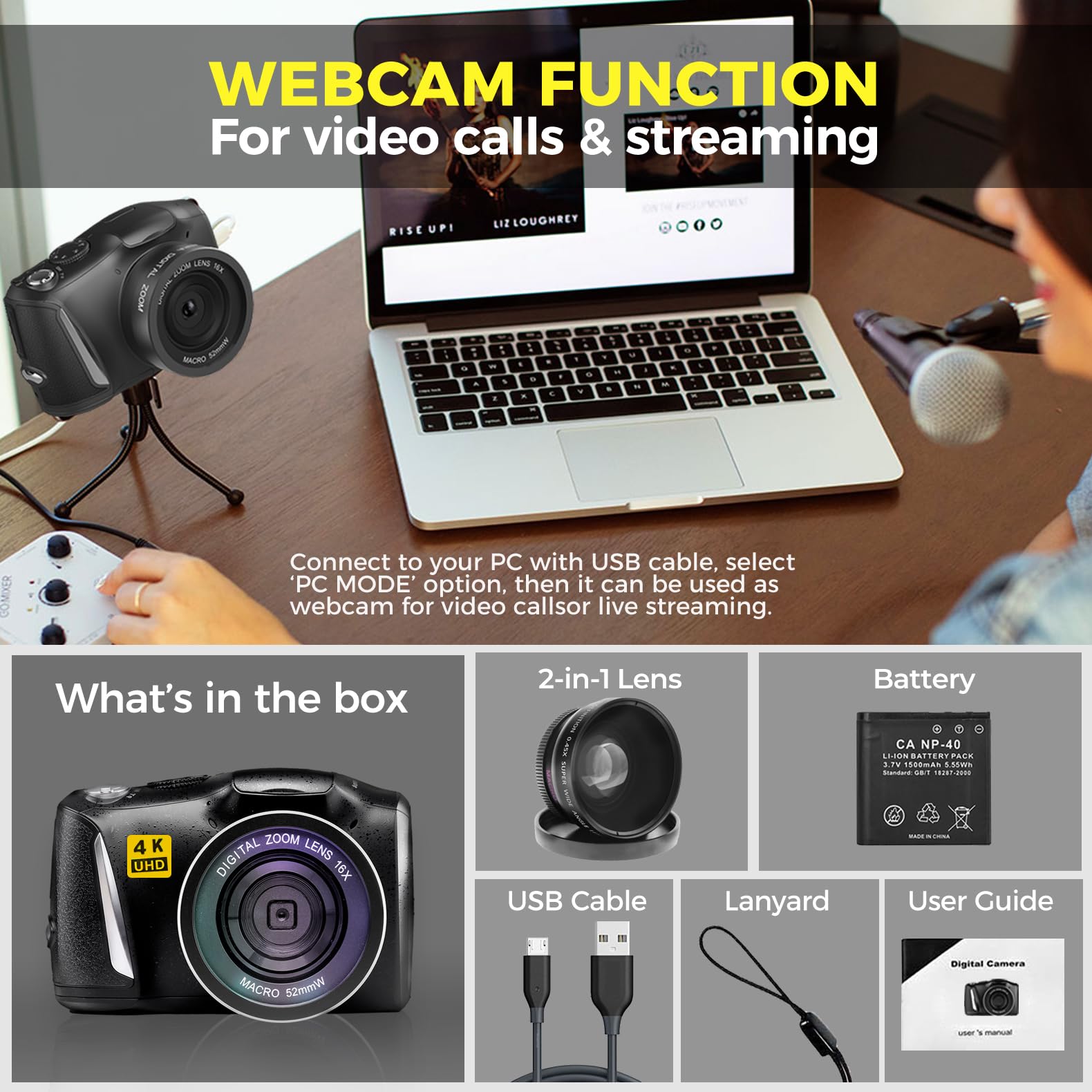 Fotocamera digitale con obiettivo macro e grandangolare 48MP 4K Fotocamere per Fotografia Vlogging Camera per principianti