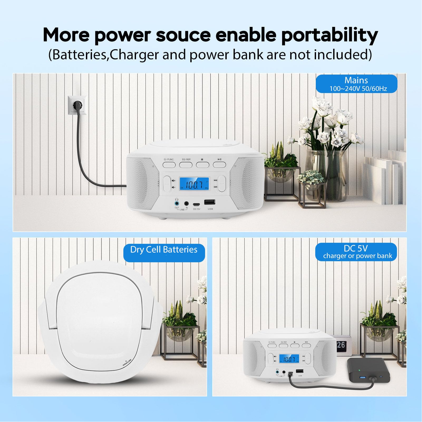 ASHATA Lettore CD portatile, lettori CD desktop Bluetooth portatili con radio FM, lettore MP3 USB AUX con ricarica dall'alto con jack per cuffie per la casa e l'esterno (presa UE)