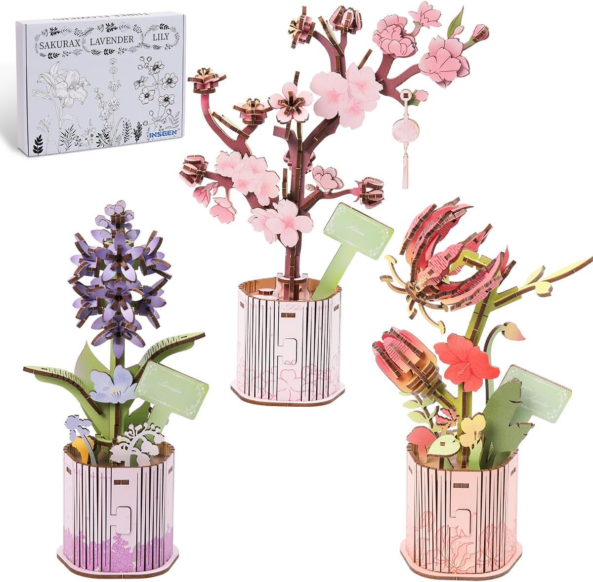 Insgen 3D Wooden Flower Puzzle for Adults, DIY Wooden Bouquet Building Sets, 3 Flowers Botanical Model Craft Kits, Living Room Shelf Table Decor, Gift for Plant Lovers Enthusiasts