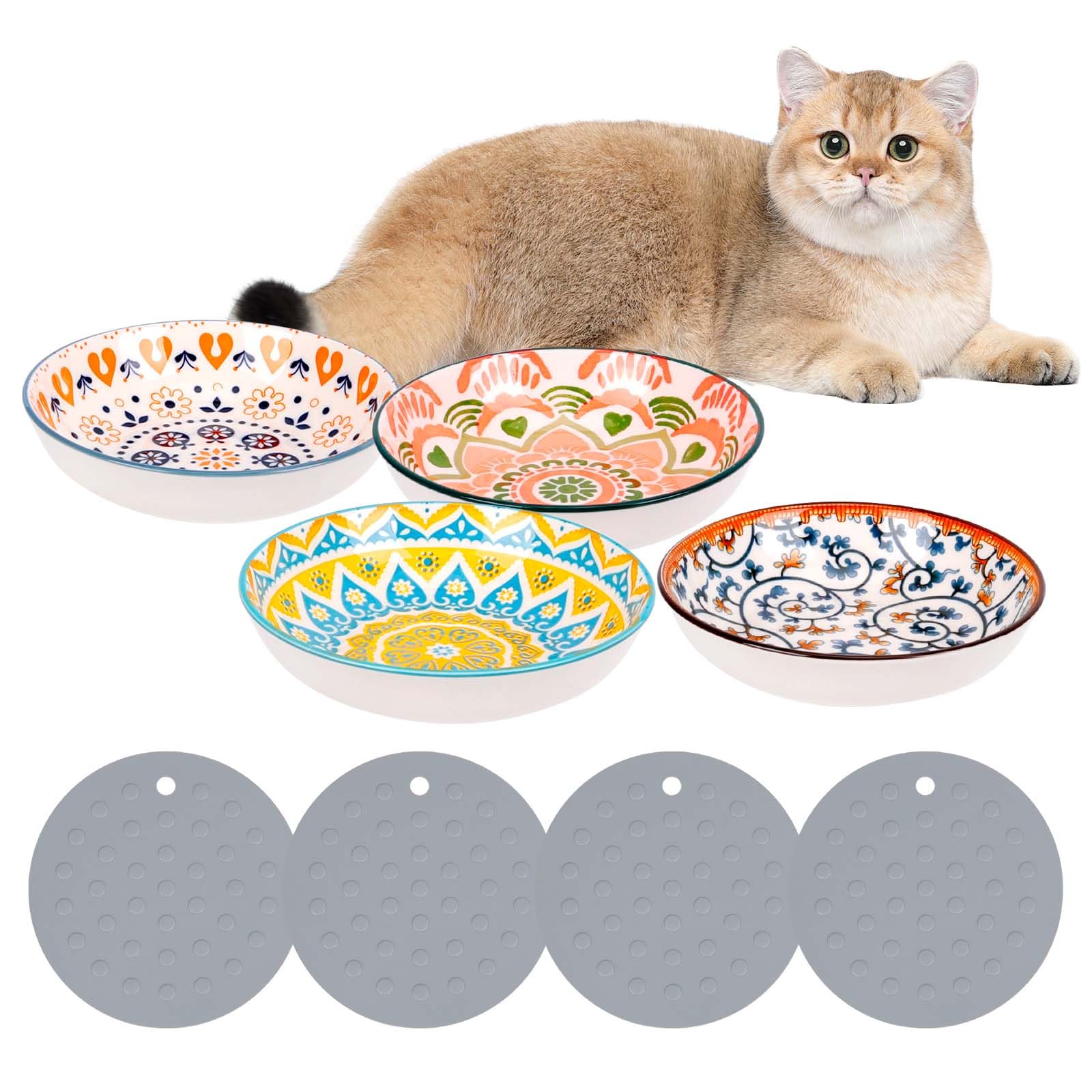 Dadabig 4 Piezas Cuencos de Cerámica para Gatos, Cuenco Gato, Cuencos De Comida para Gatos con 4 Piezas de Silicona, Cuenco de 250ml para Gatos, para Mascotas y Caramelos, Aperitivos