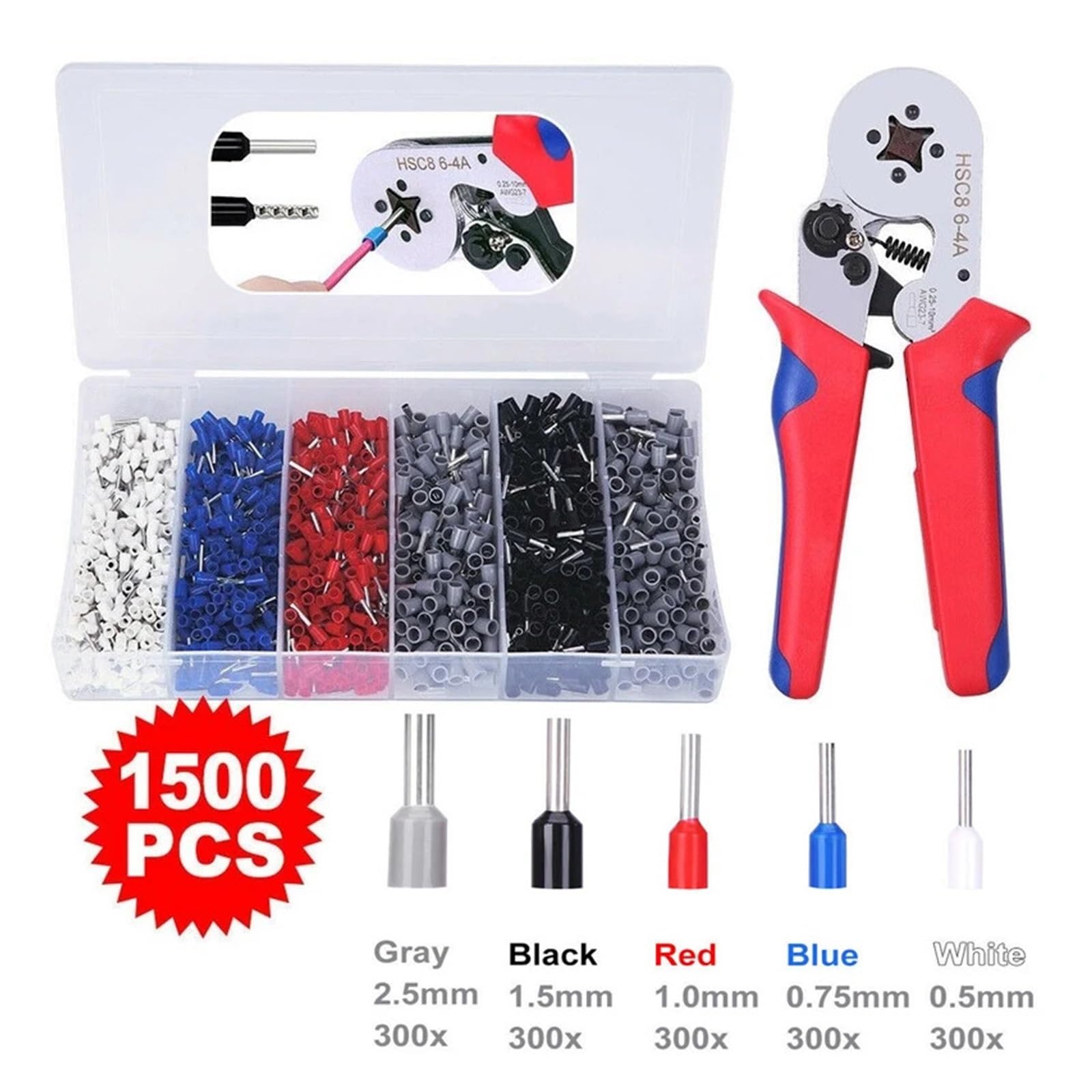 1500pcs Tube Terminal Insulated Terminal+ 1PCS Pliers HSC8 6-4 Crimping Tool 0.25-10mm² Wire Connector Electrical Tube Terminals