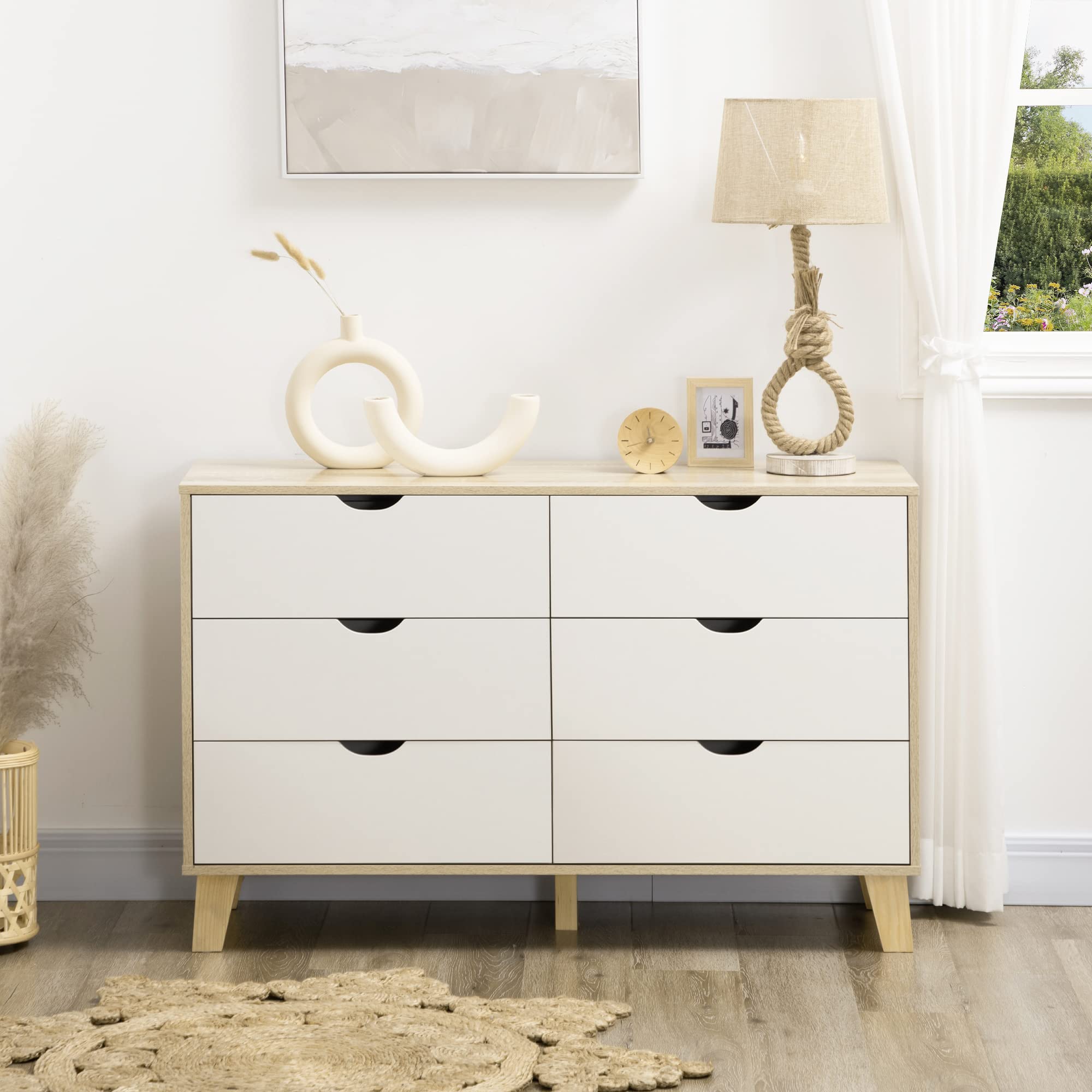 HOMCOM Cómoda con 6 Cajones Cajonera de Armario Mueble Organizador con Cajones para Cocina Dormitorio Salón Estudio Estilo Moderno Antivuelco 120x40x76 cm Natural y Blanco